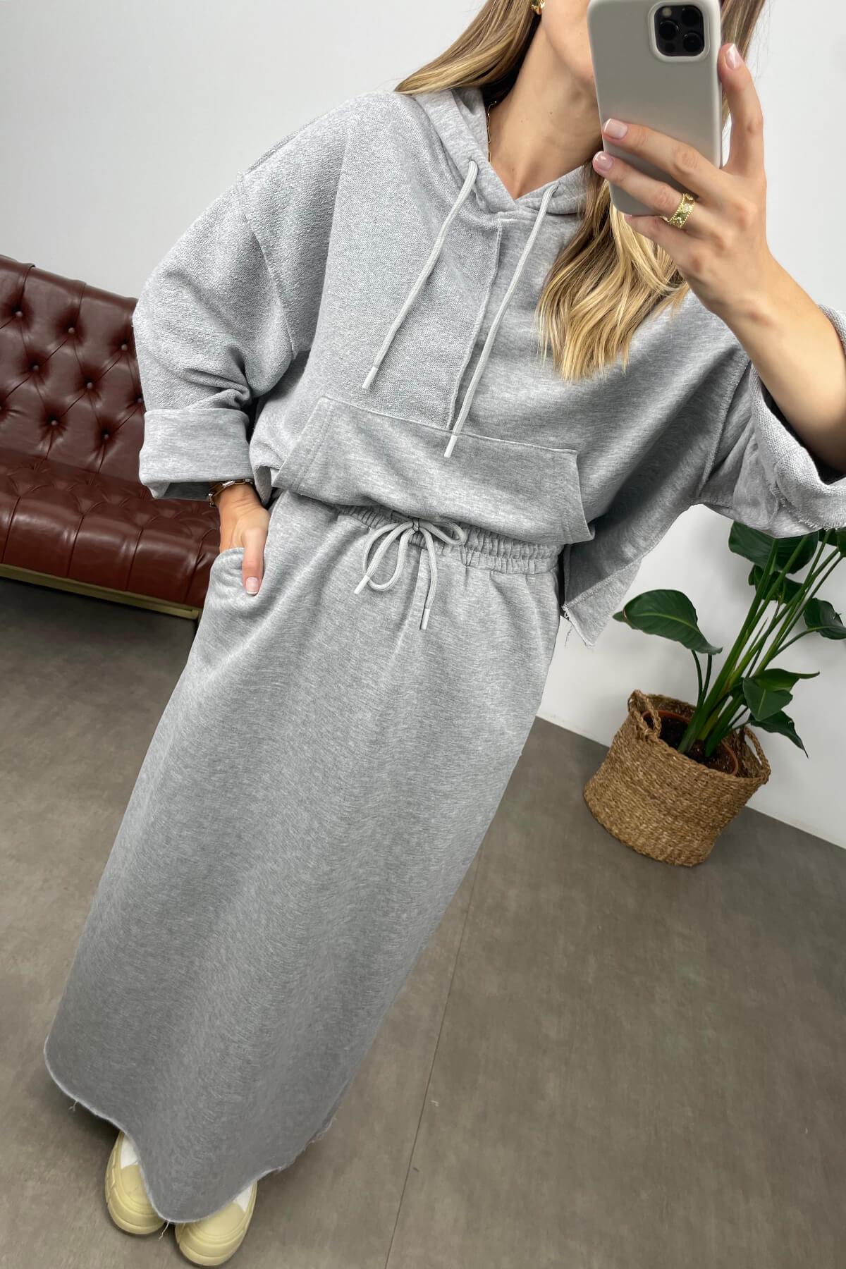 Gri Kapüşonlu Sweat Etek Takım