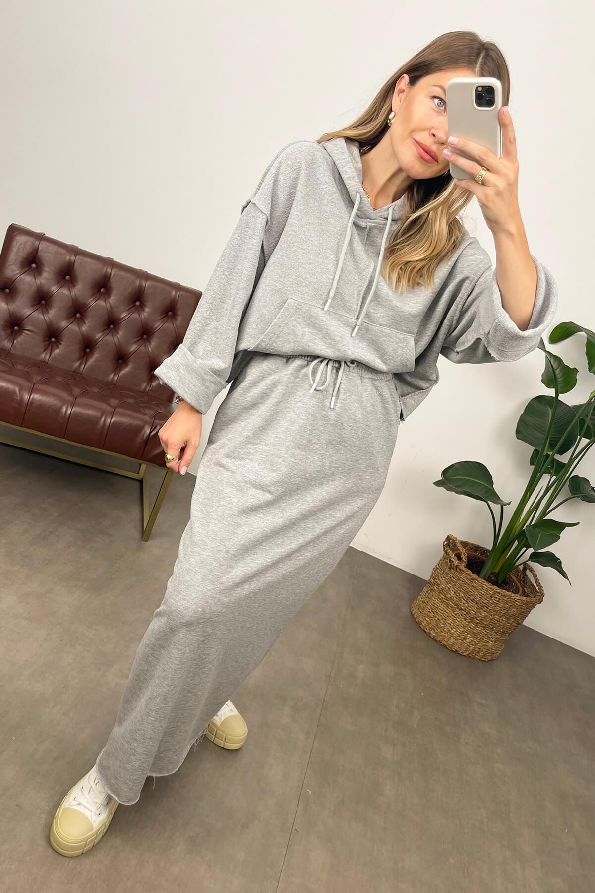 Gri Kapüşonlu Sweat Etek Takım