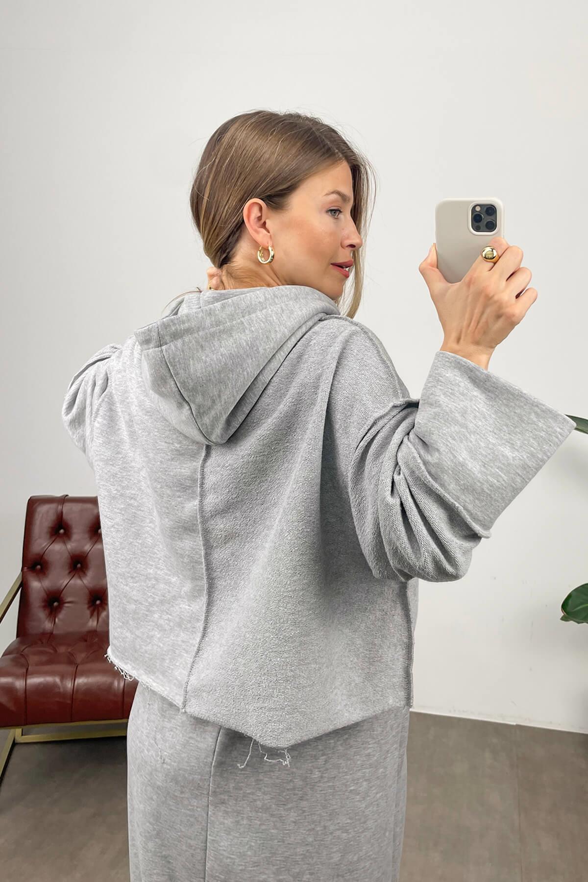 Gri Kapüşonlu Sweat Etek Takım