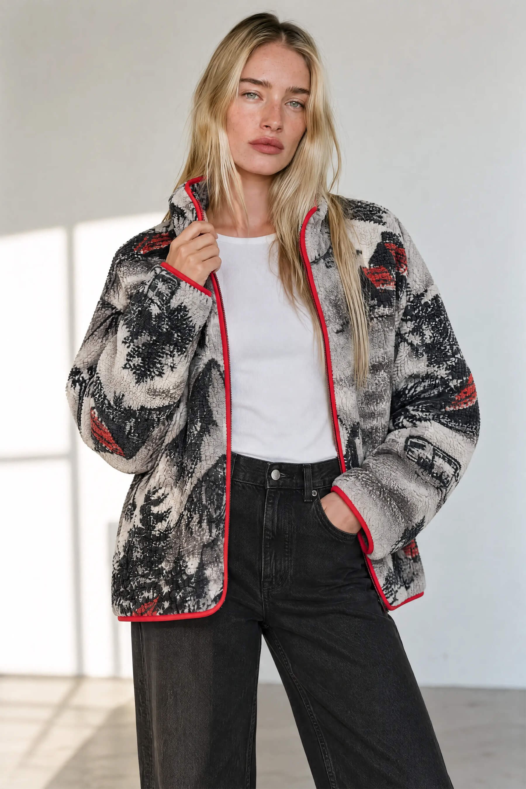 Gri Kırmızı Siyah Kış Desenli Fermuarlı Oversize Peluş Sweatshirt