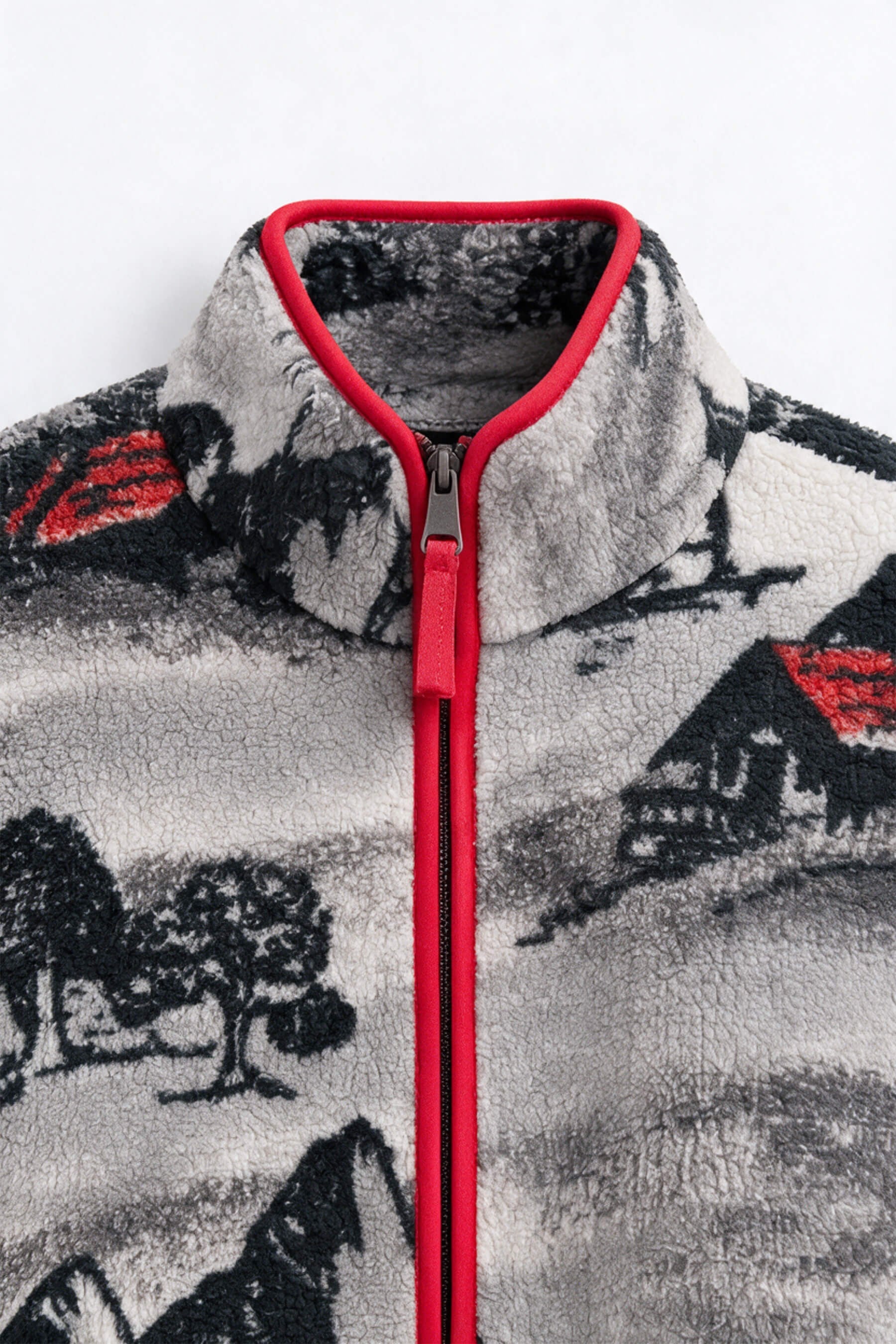 Gri Kırmızı Siyah Kış Desenli Fermuarlı Oversize Peluş Sweatshirt