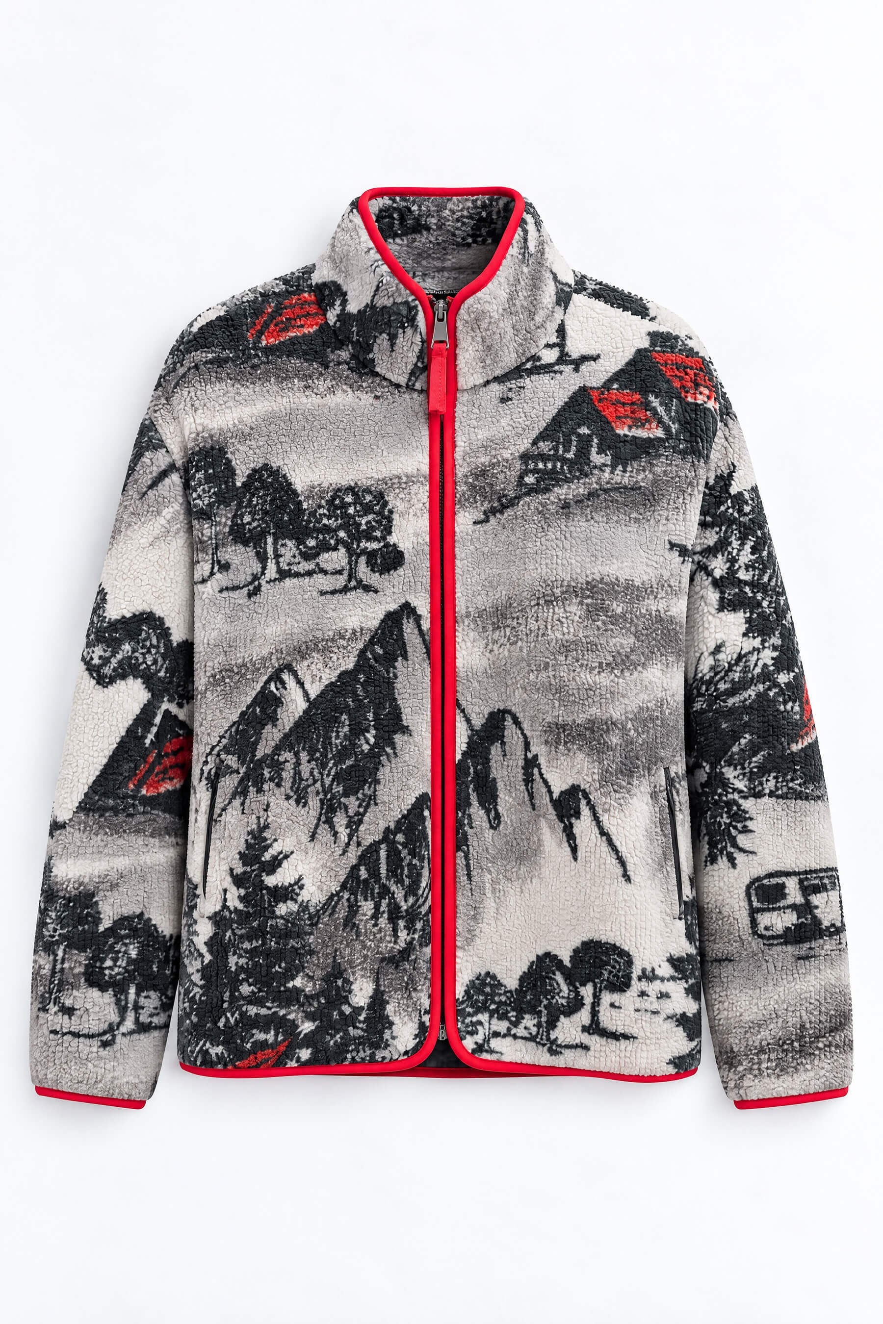 Gri Kırmızı Siyah Kış Desenli Fermuarlı Oversize Peluş Sweatshirt