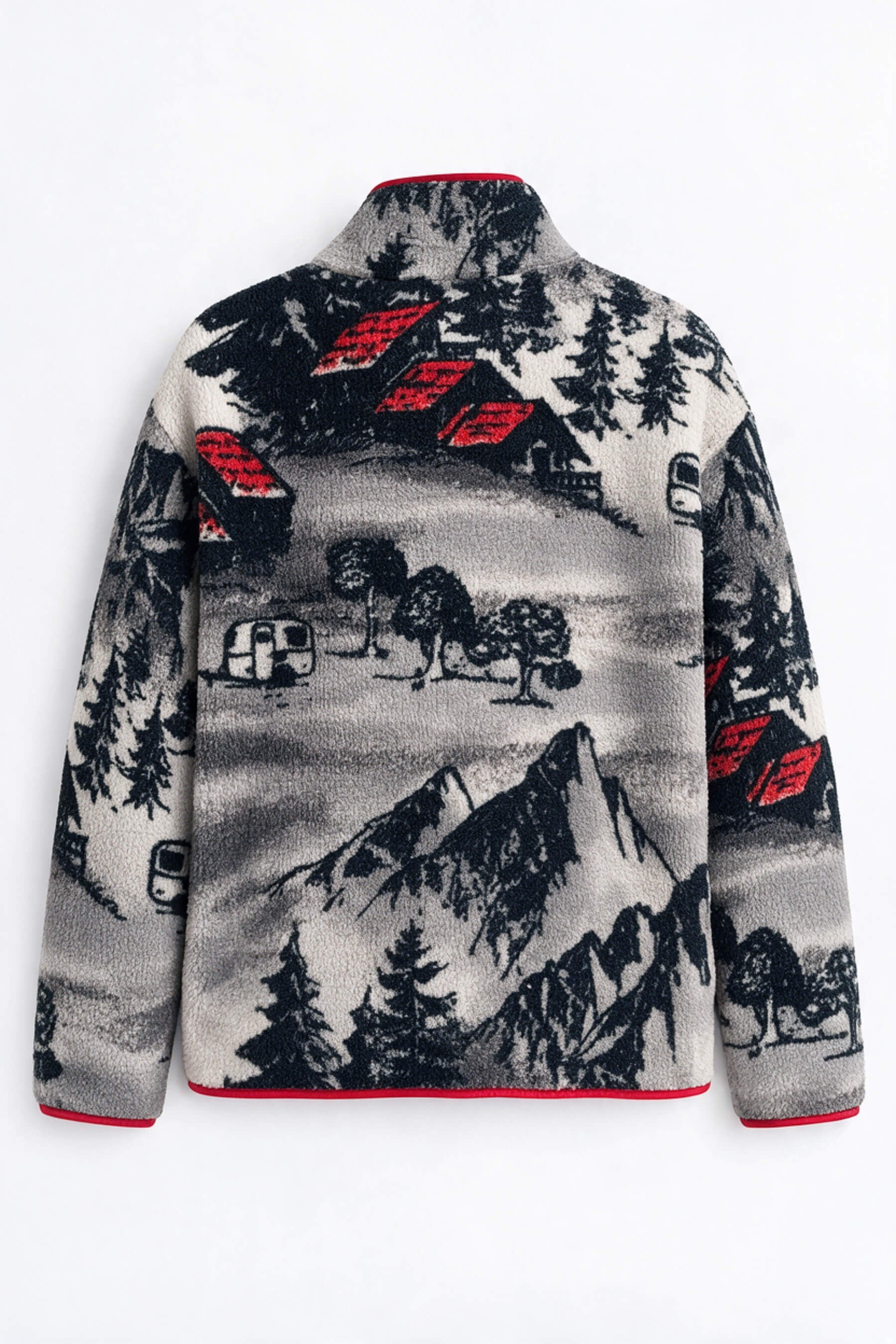 Gri Kırmızı Siyah Kış Desenli Fermuarlı Oversize Peluş Sweatshirt