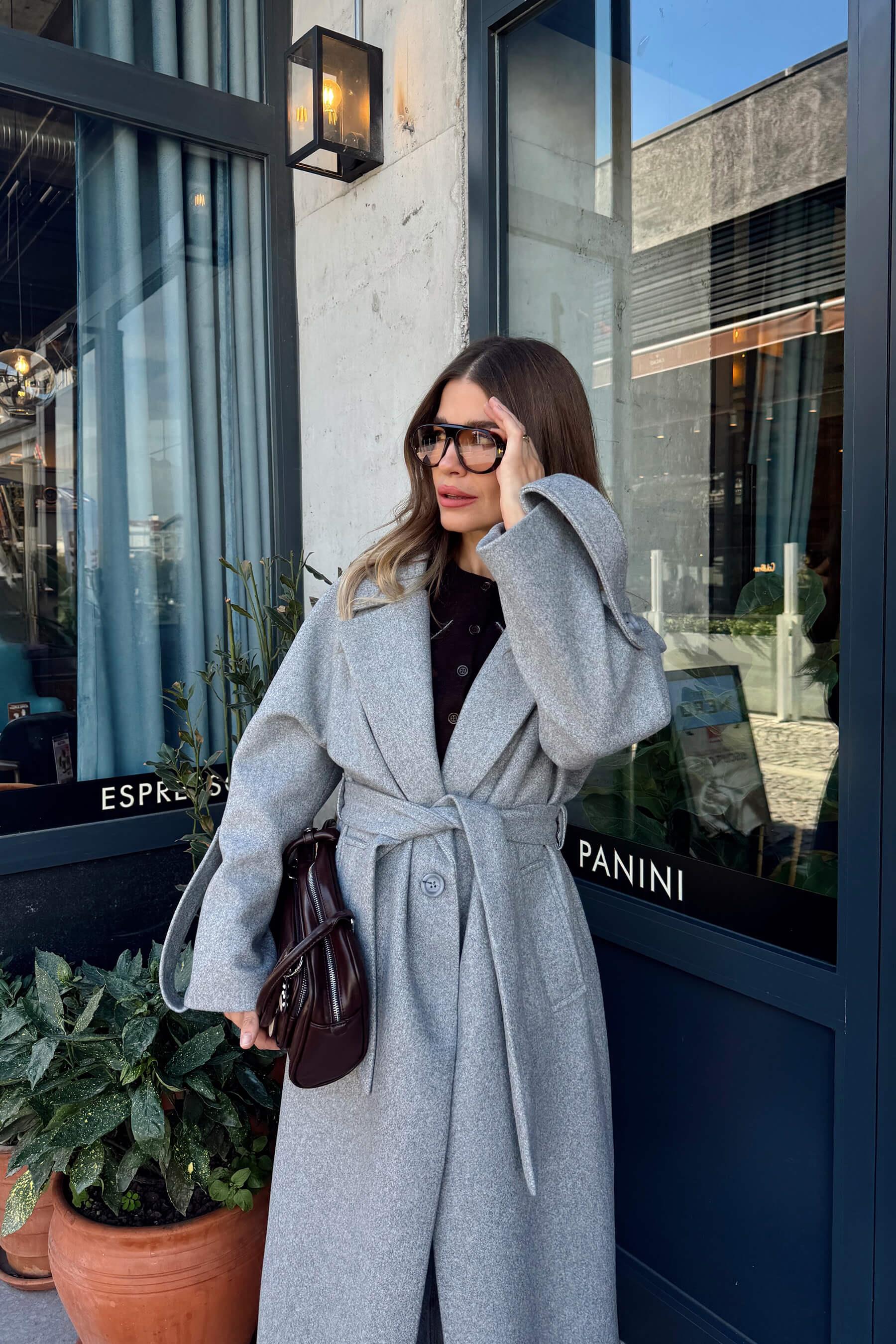 Gri Kuşaklı Astarlı Oversize Kol Detay Yün Kaban