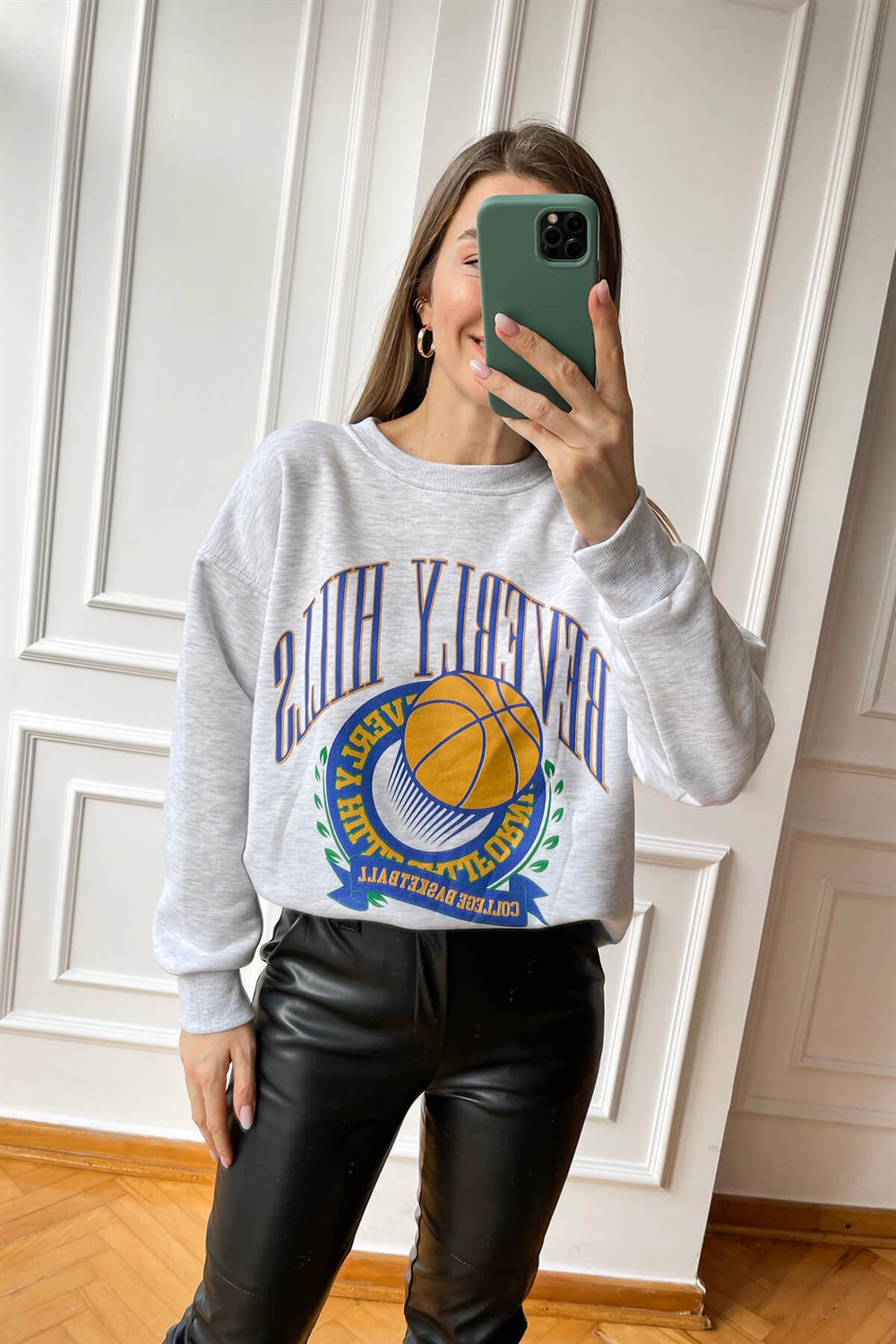 Gri Melanj Beverly Hills Baskılı İnce Şardonlu Sweatshirt