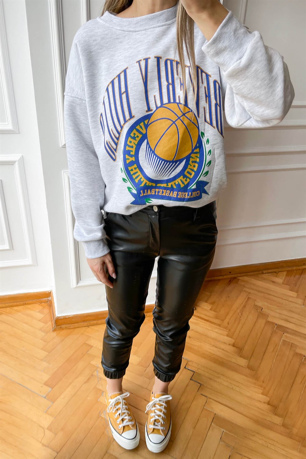 Gri Melanj Beverly Hills Baskılı İnce Şardonlu Sweatshirt