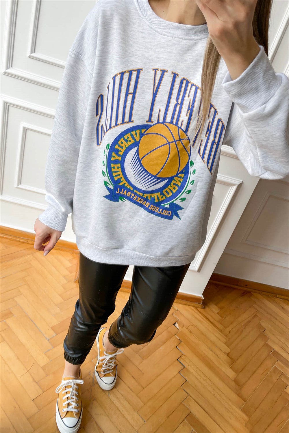 Gri Melanj Beverly Hills Baskılı İnce Şardonlu Sweatshirt