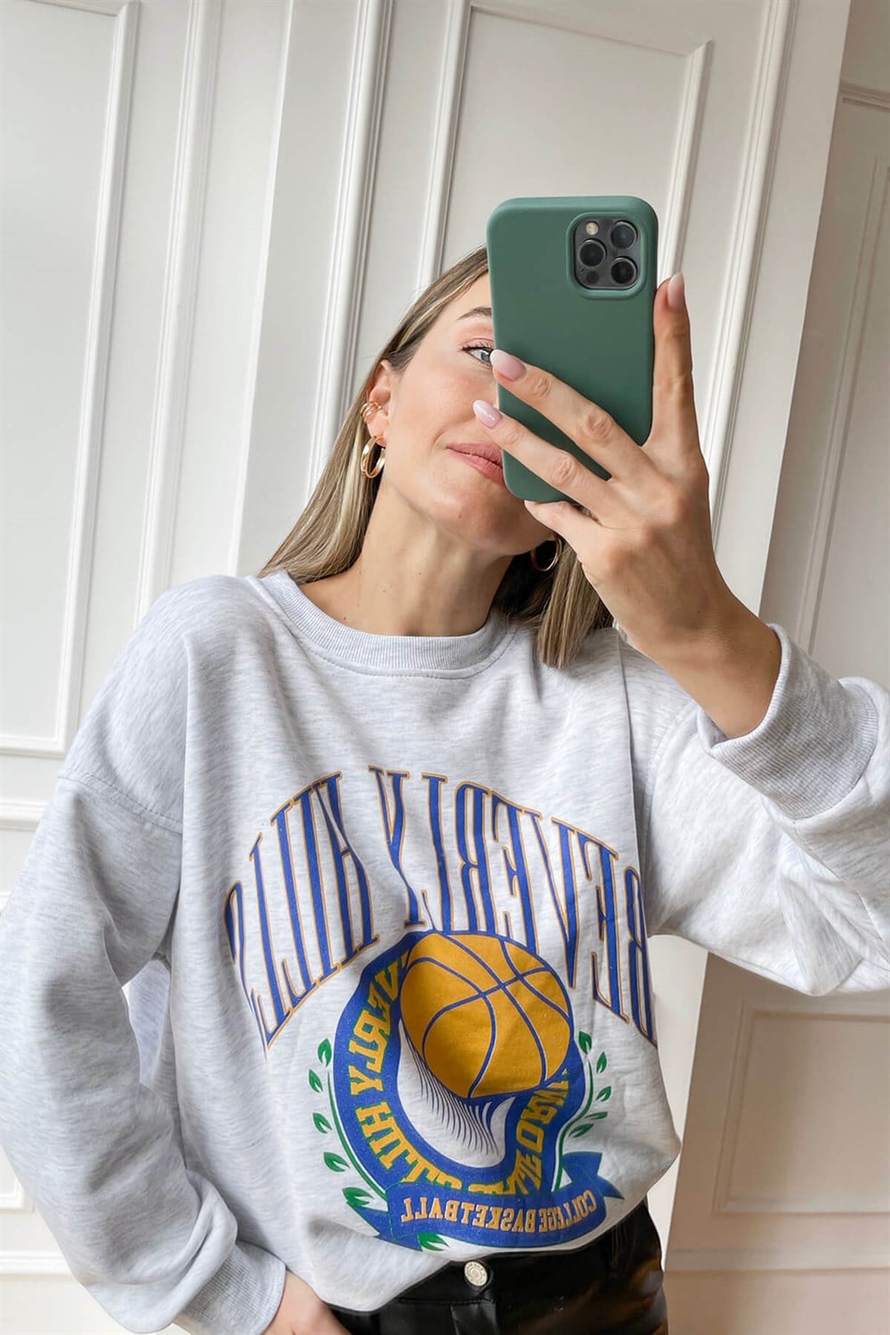 Gri Melanj Beverly Hills Baskılı İnce Şardonlu Sweatshirt