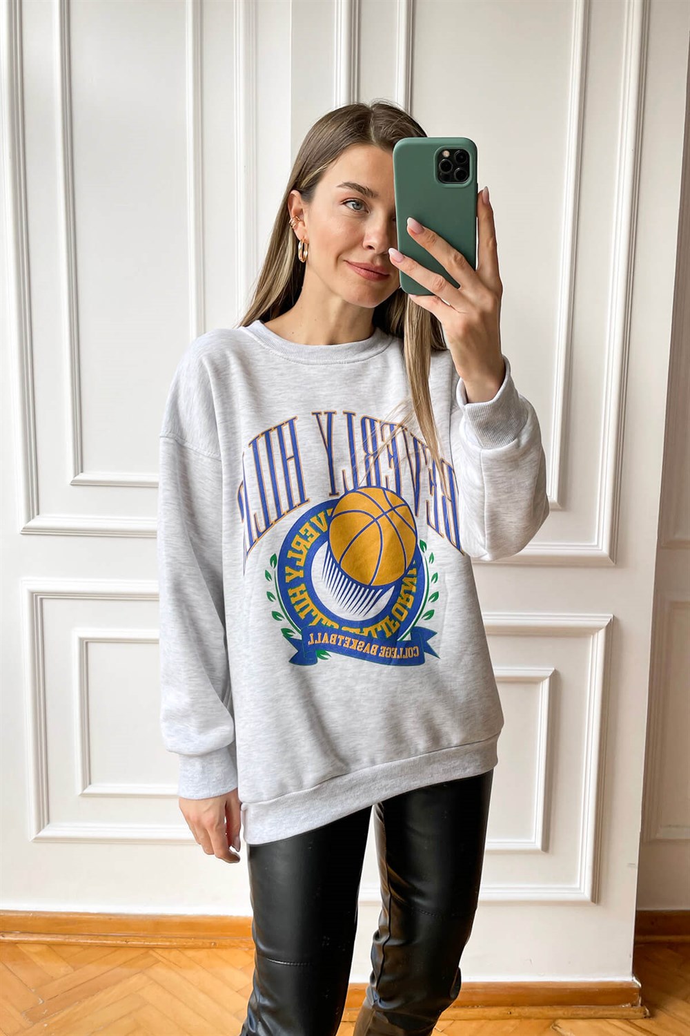 Gri Melanj Beverly Hills Baskılı İnce Şardonlu Sweatshirt
