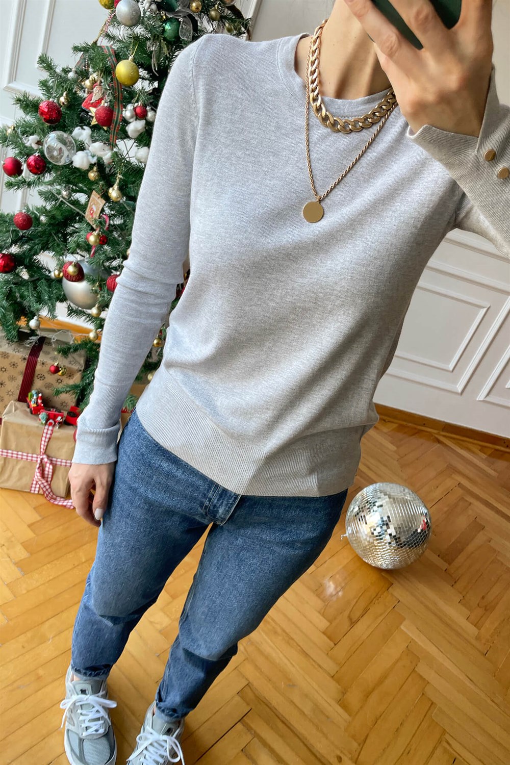 Gri Melanj Bisiklet Yaka Kol Detay Kazak