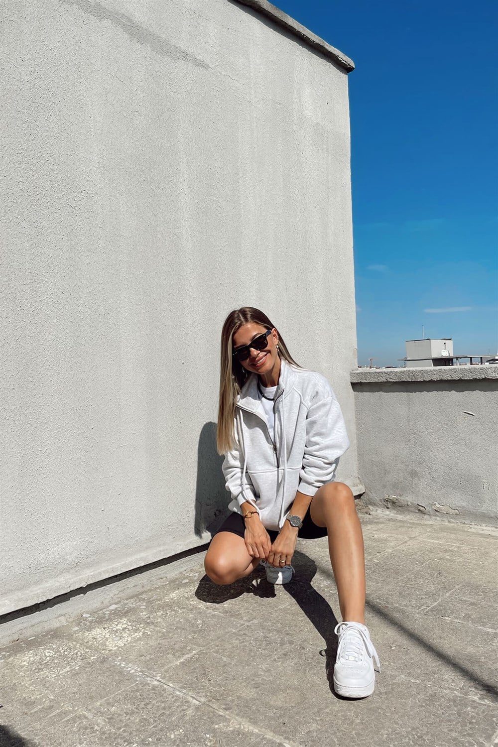 Gri Melanj Fermuarlı Sweatshirt