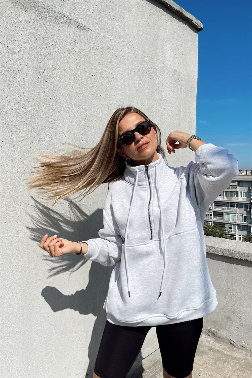 Gri Melanj Fermuarlı Sweatshirt