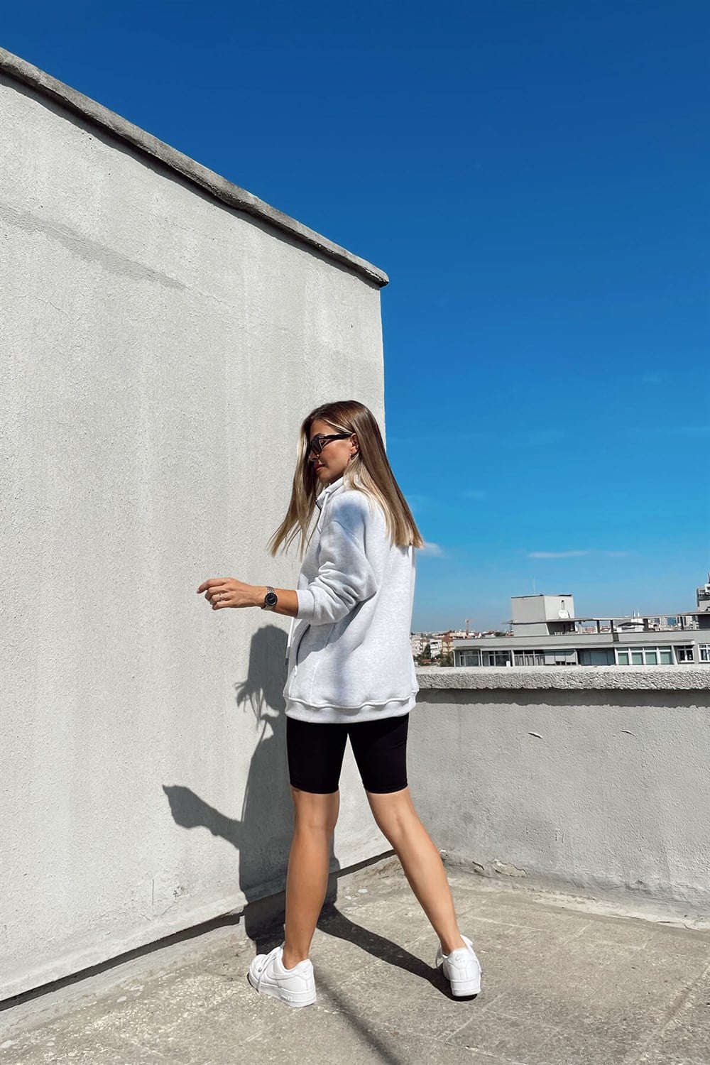 Gri Melanj Fermuarlı Sweatshirt