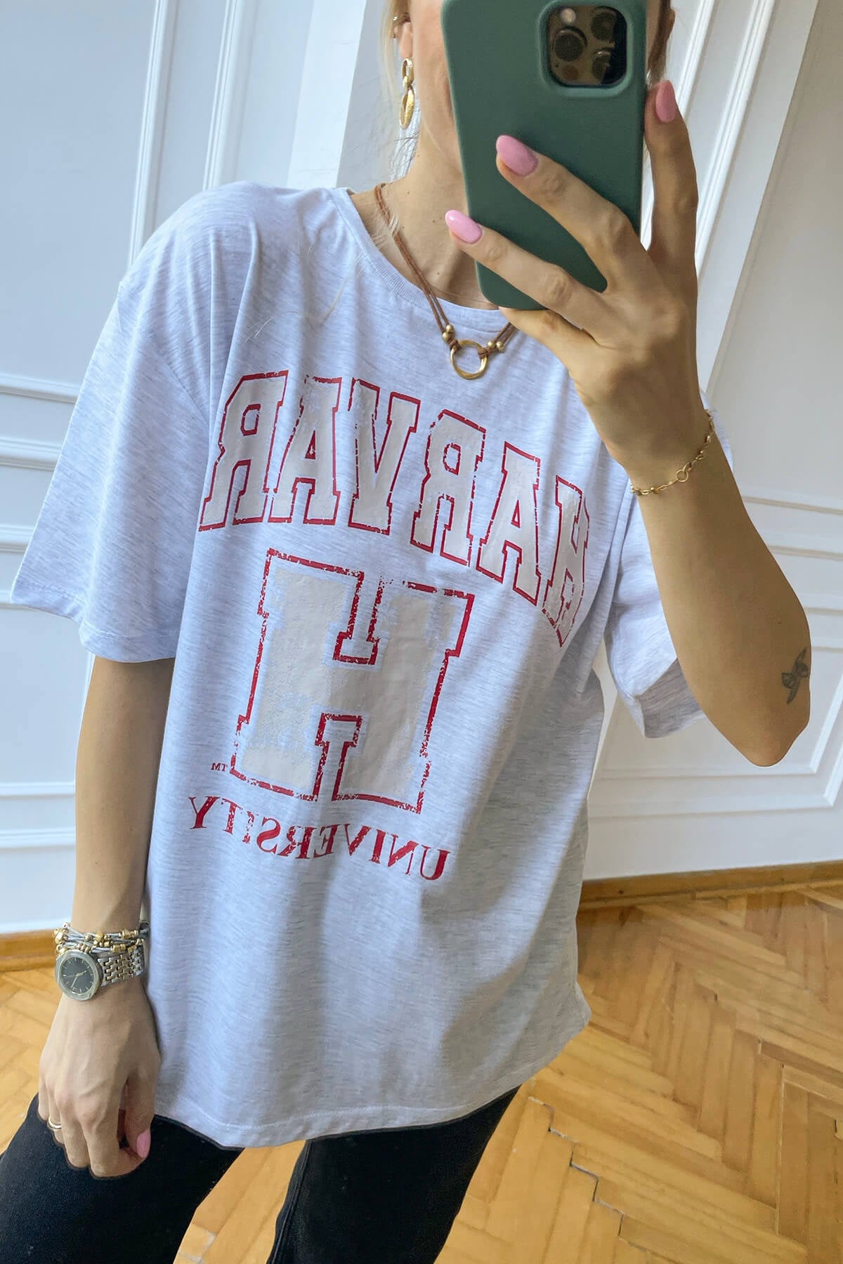 Gri Melanj Harvard Baskı T-Shirt