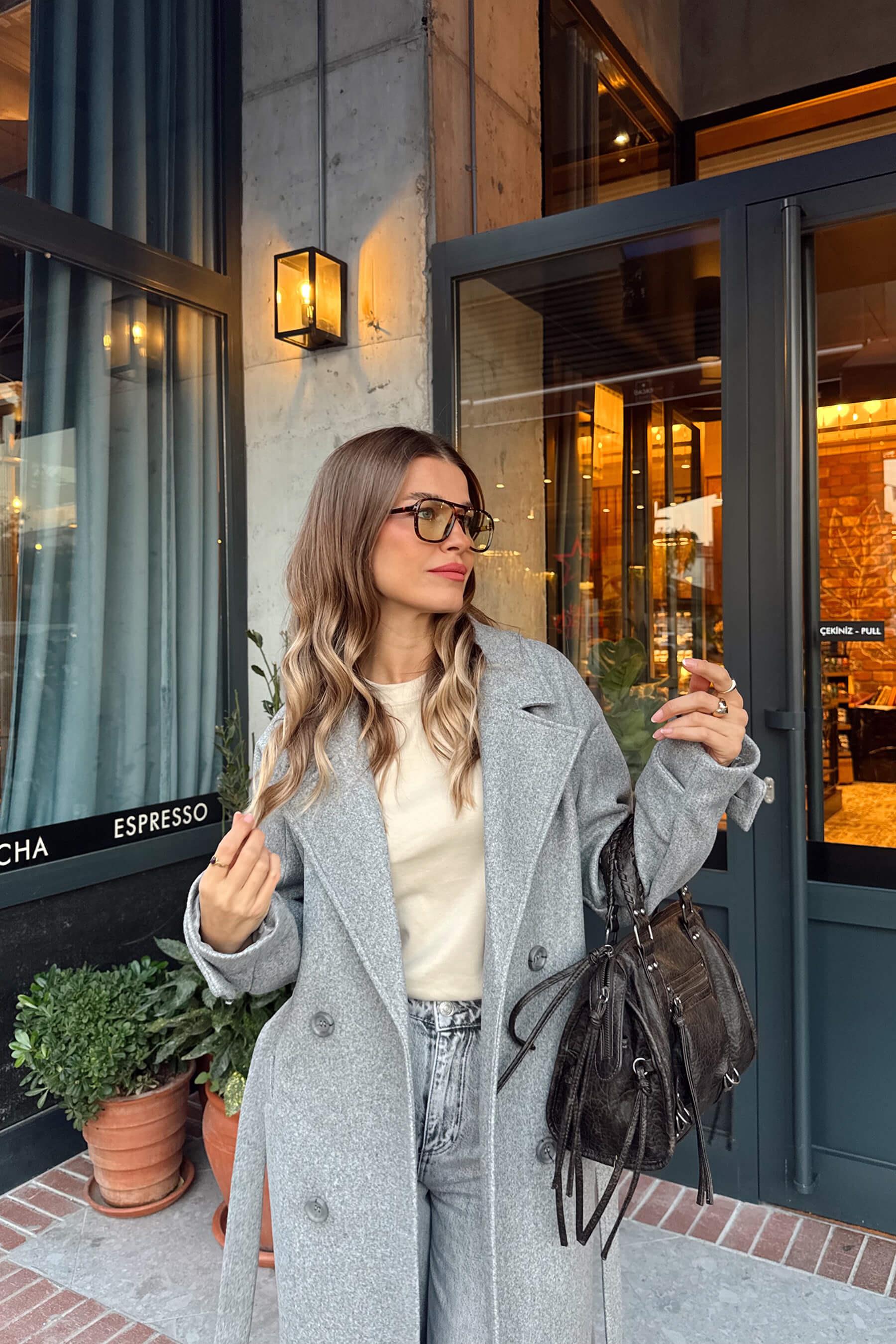 Gri Melanj Kuşaklı Astarlı Oversize Yün Kaban