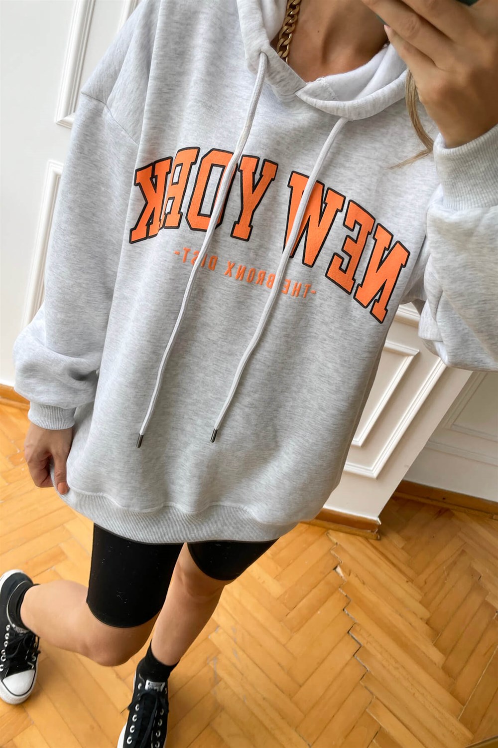 Gri Melanj New York Baskılı Sweat
