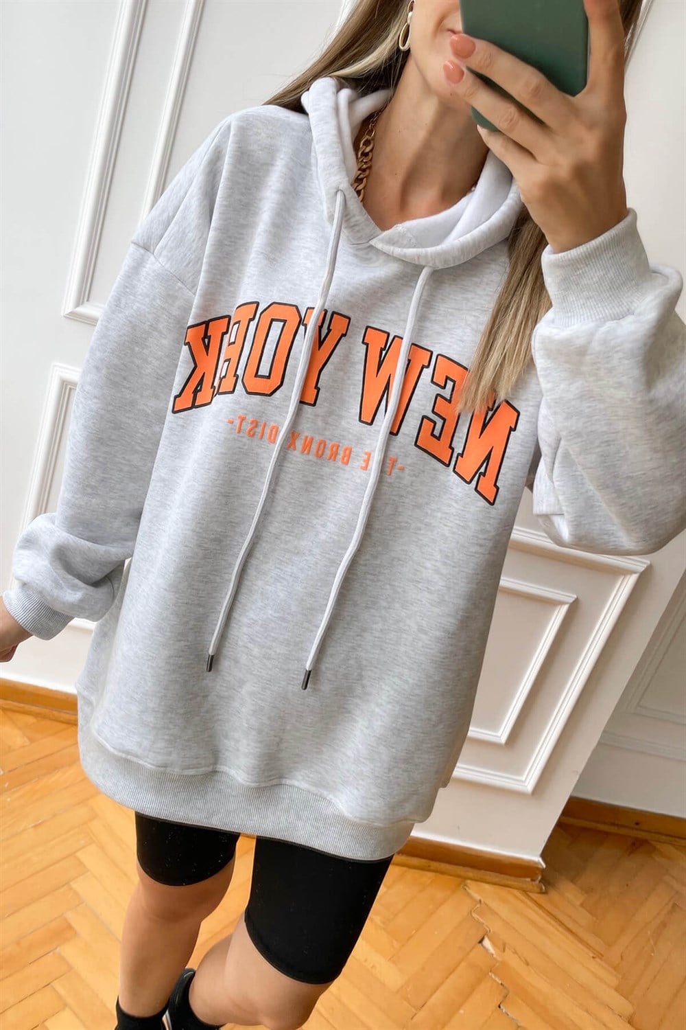 Gri Melanj New York Baskılı Sweat