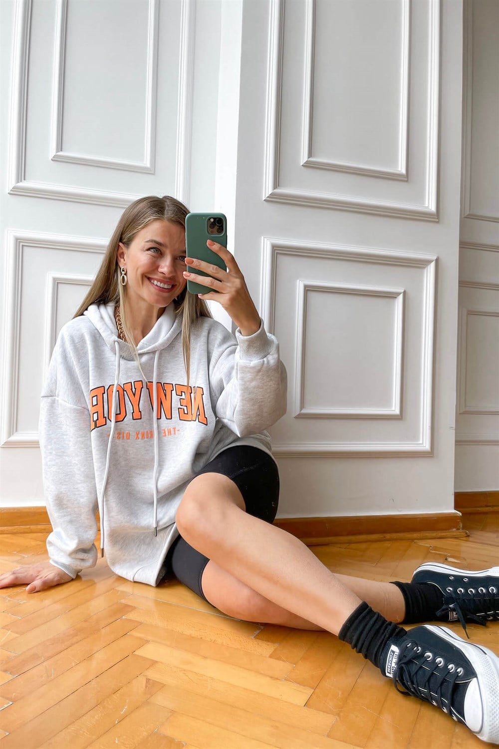 Gri Melanj New York Baskılı Sweat