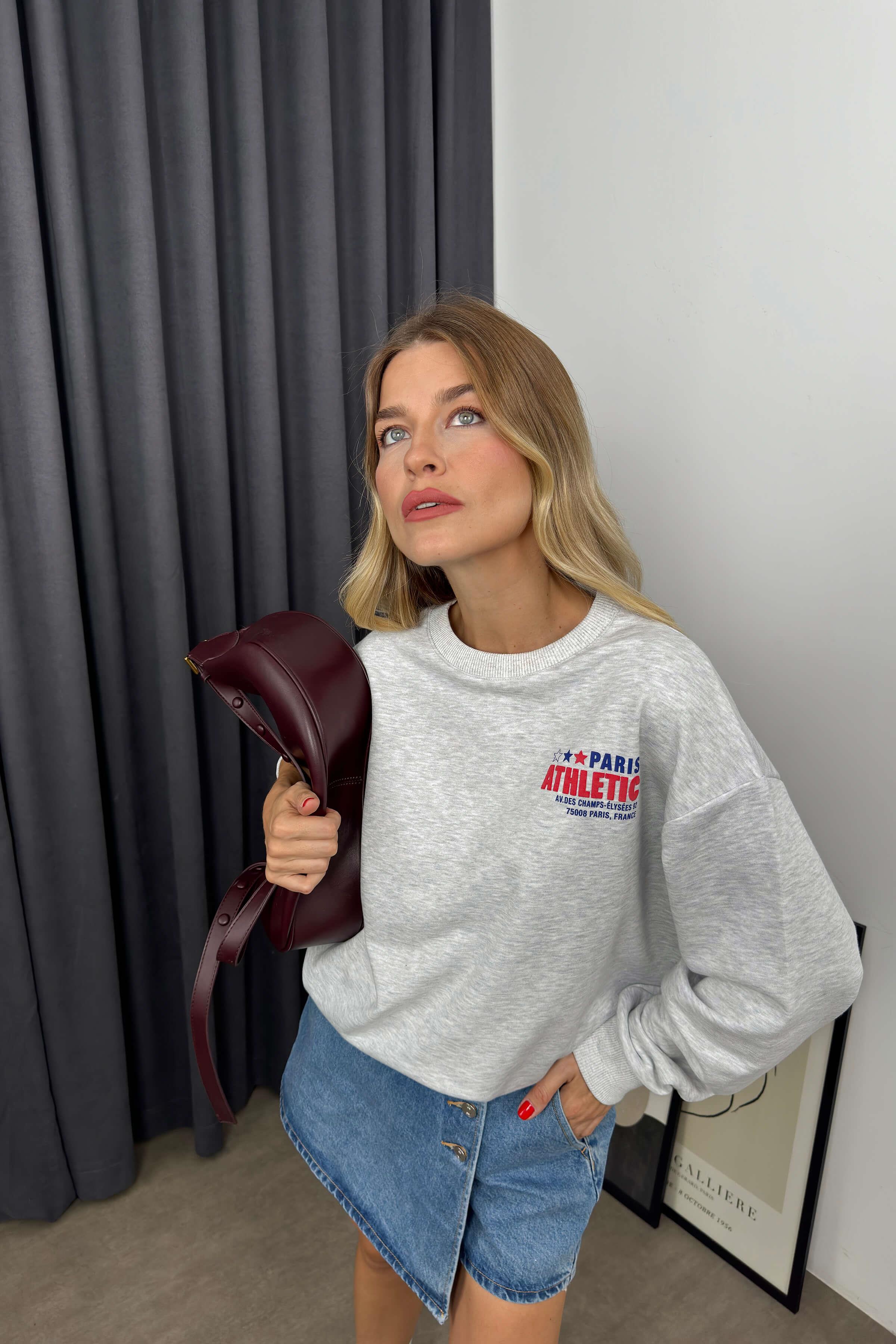 Gri Melanj Paris Baskılı Oversize Sweatshirt