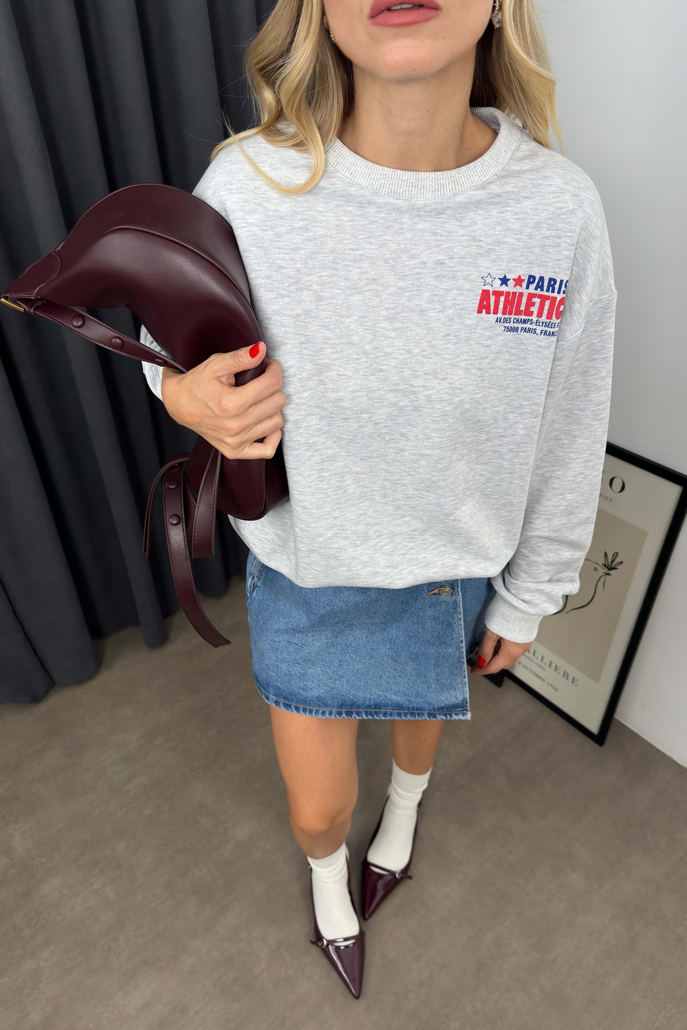 Gri Melanj Paris Baskılı Oversize Sweatshirt
