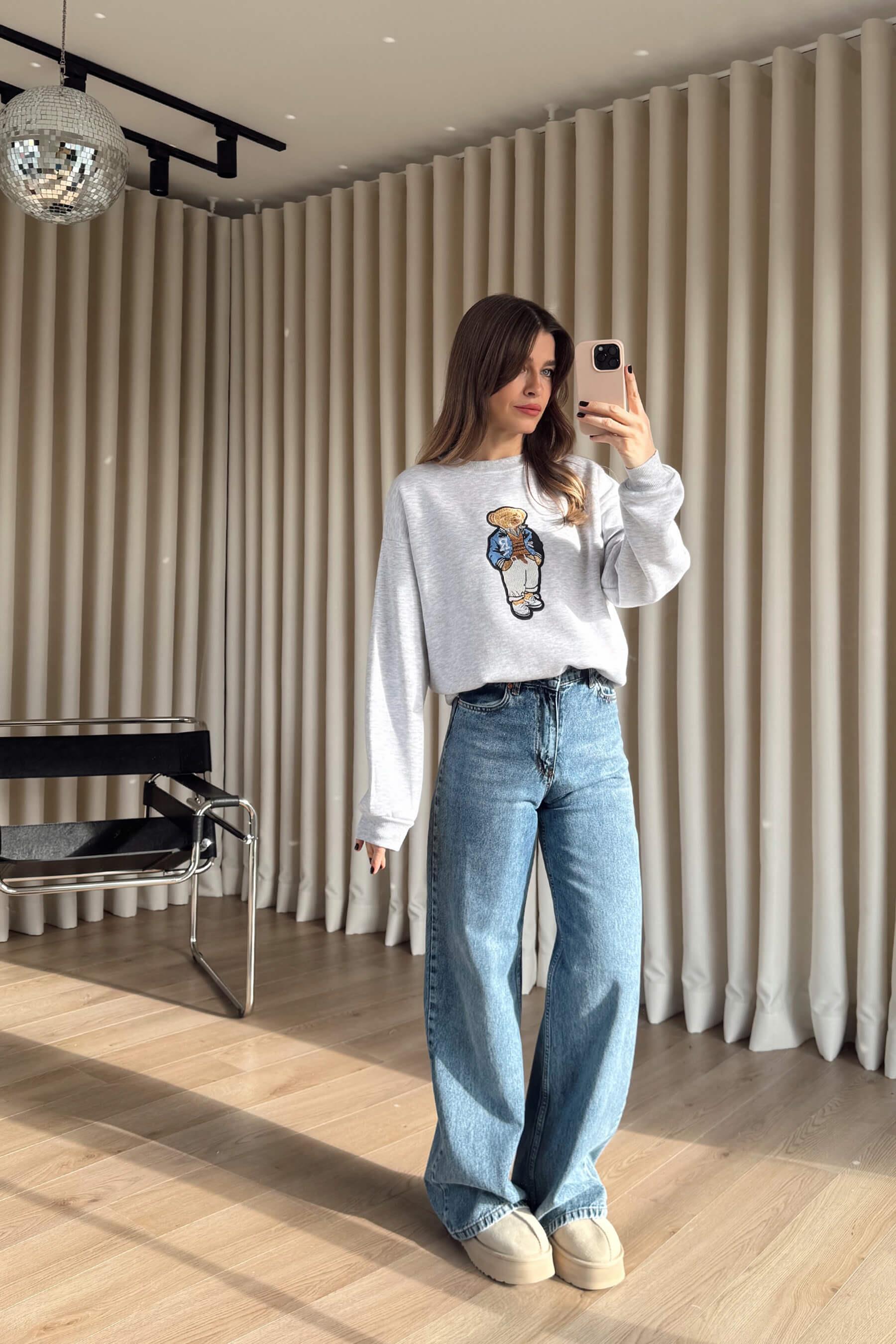 Gri Melanj Tedy Nakışlı Oversize Sweatshirt