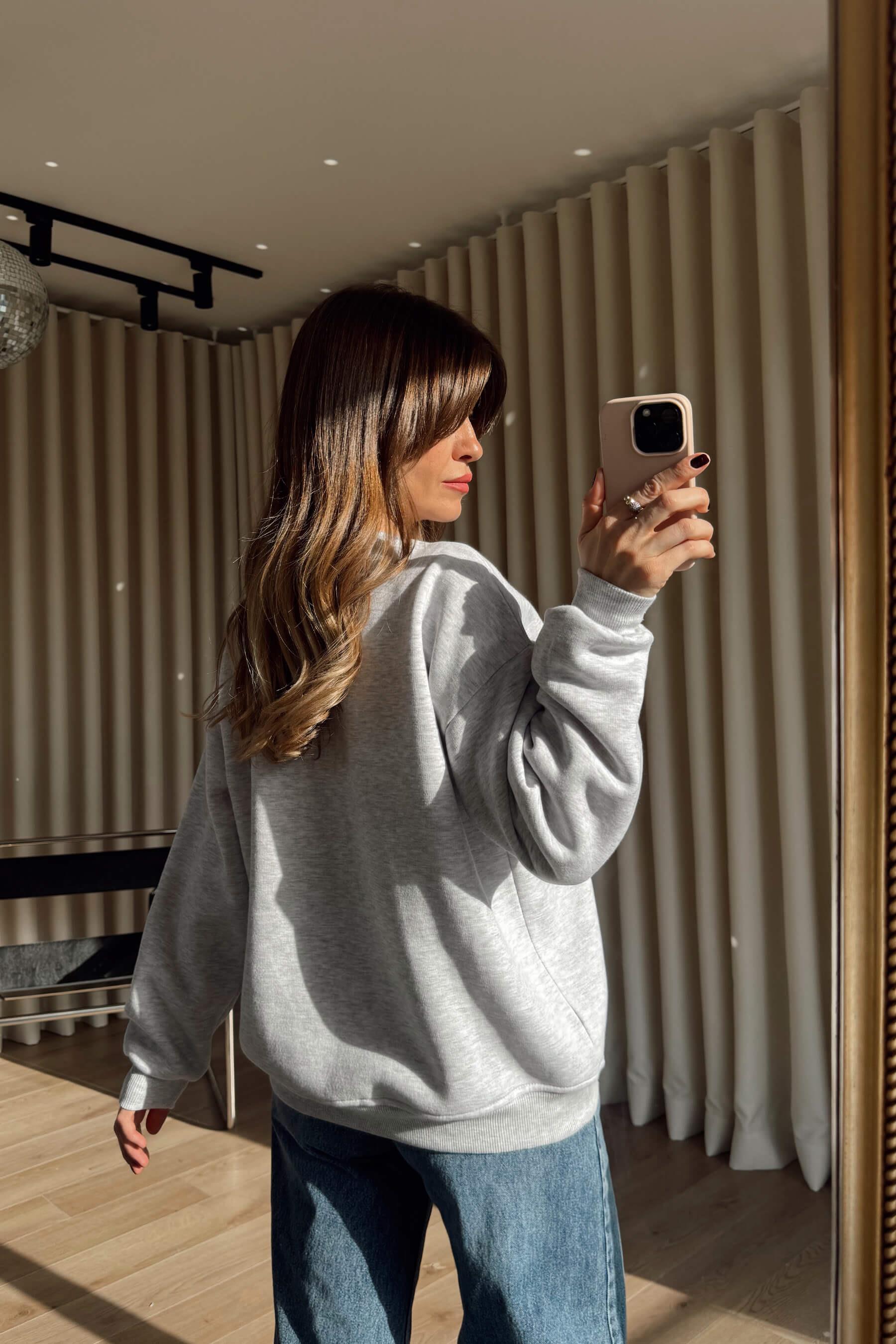 Gri Melanj Tedy Nakışlı Oversize Sweatshirt