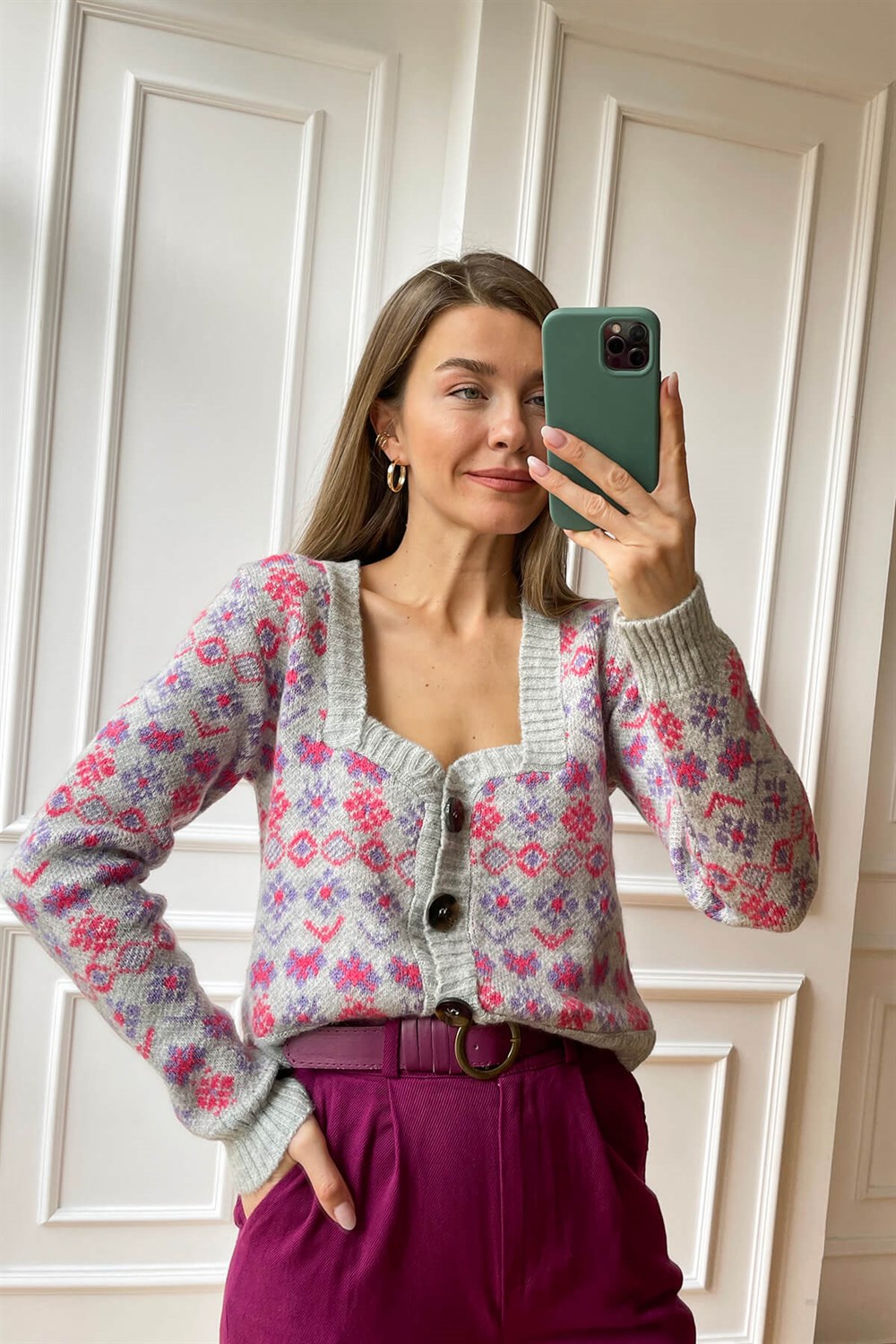 Gri Pembe Crop Hırka