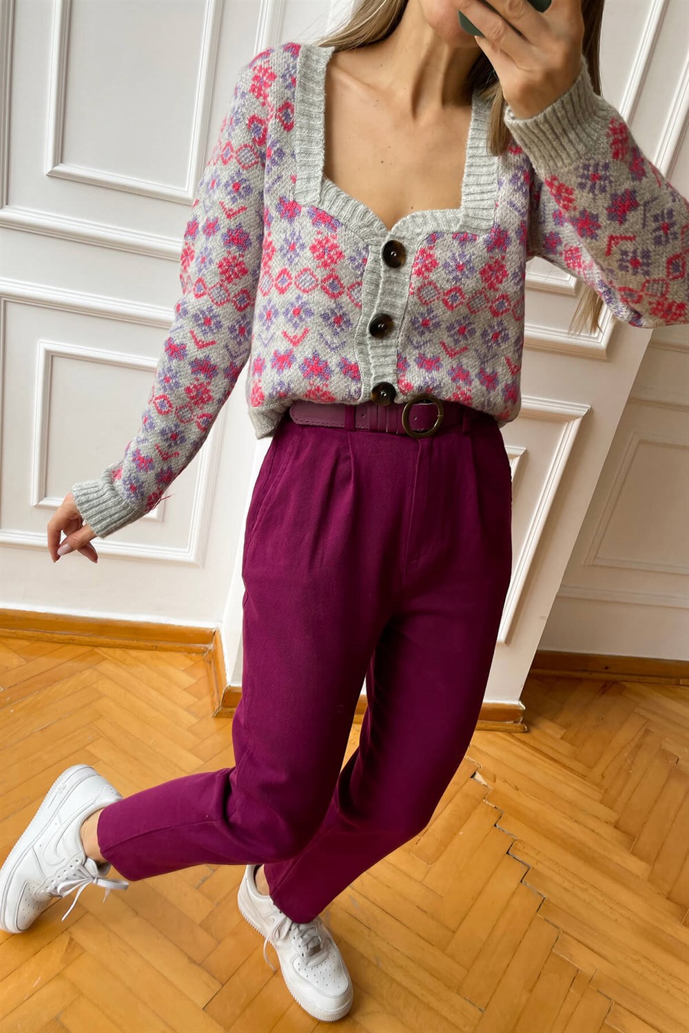 Gri Pembe Crop Hırka