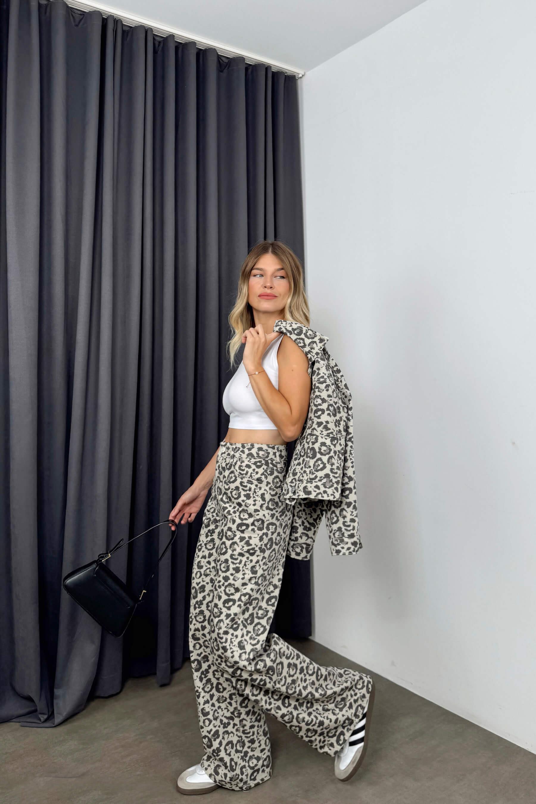 Gri Siyah Leopar Desenli Palazzo Jean