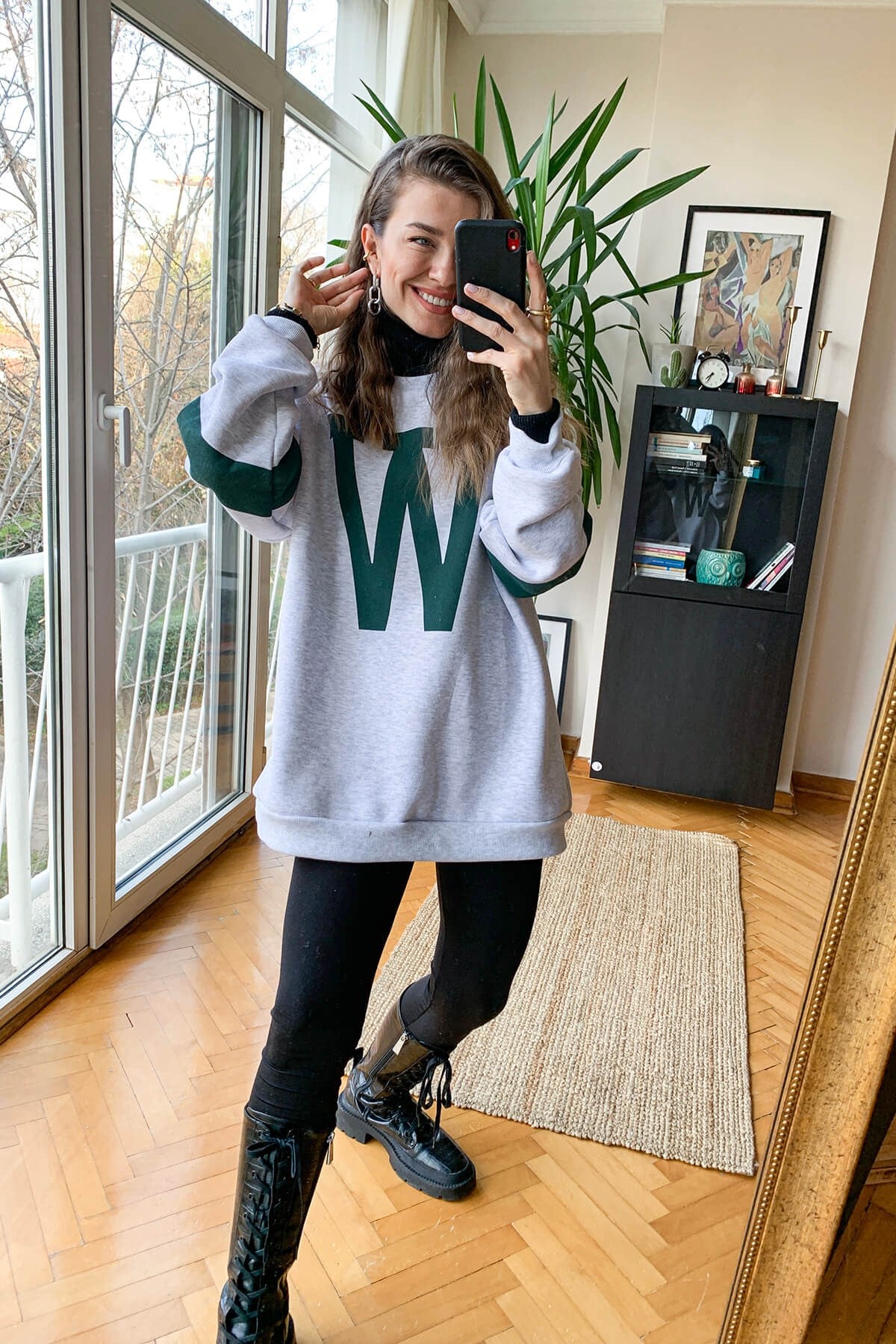 Gri W Baskılı Sweatshirt