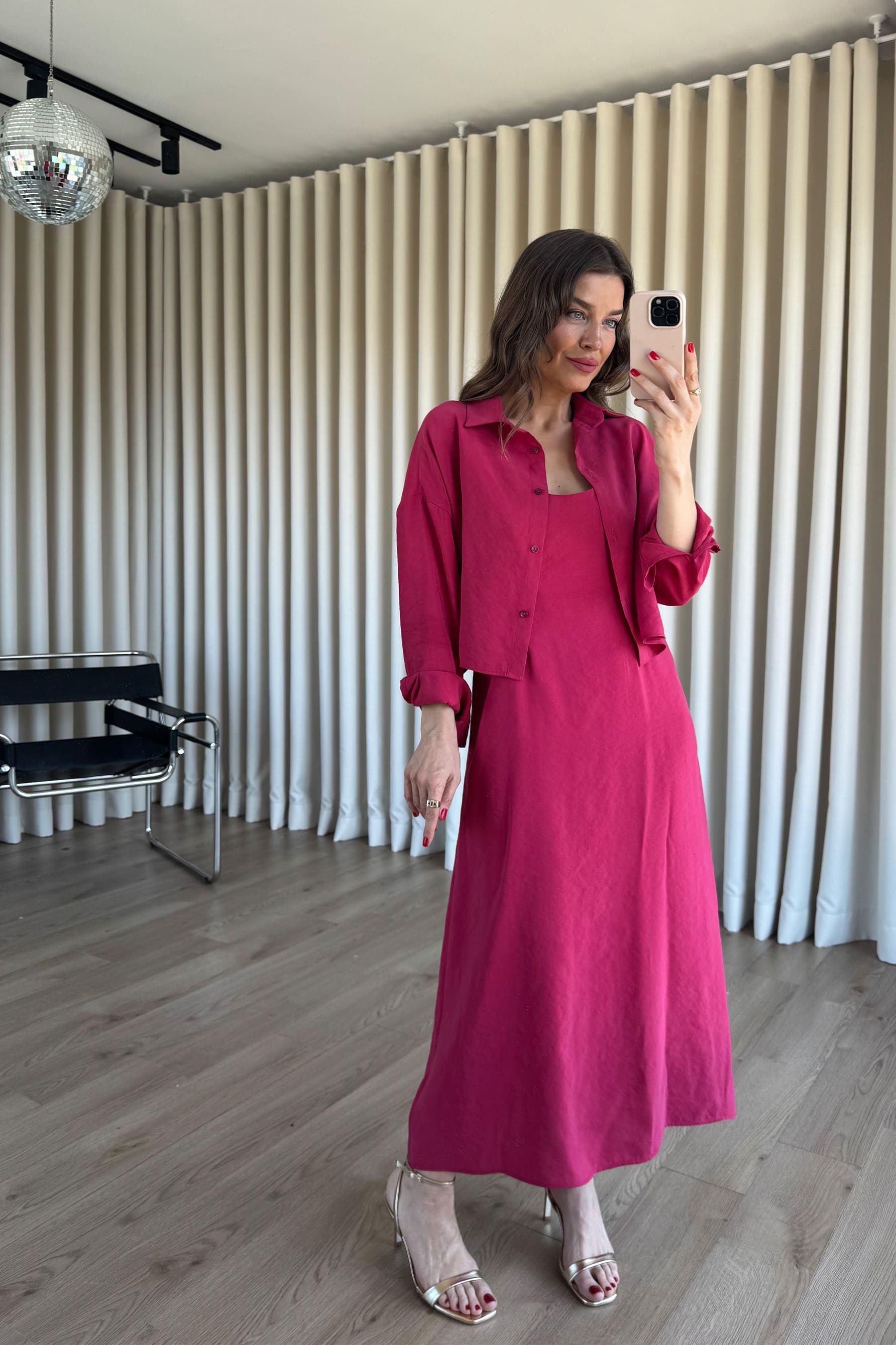 Gül Kurusu Askılı Modal Elbise Gömlek Takım