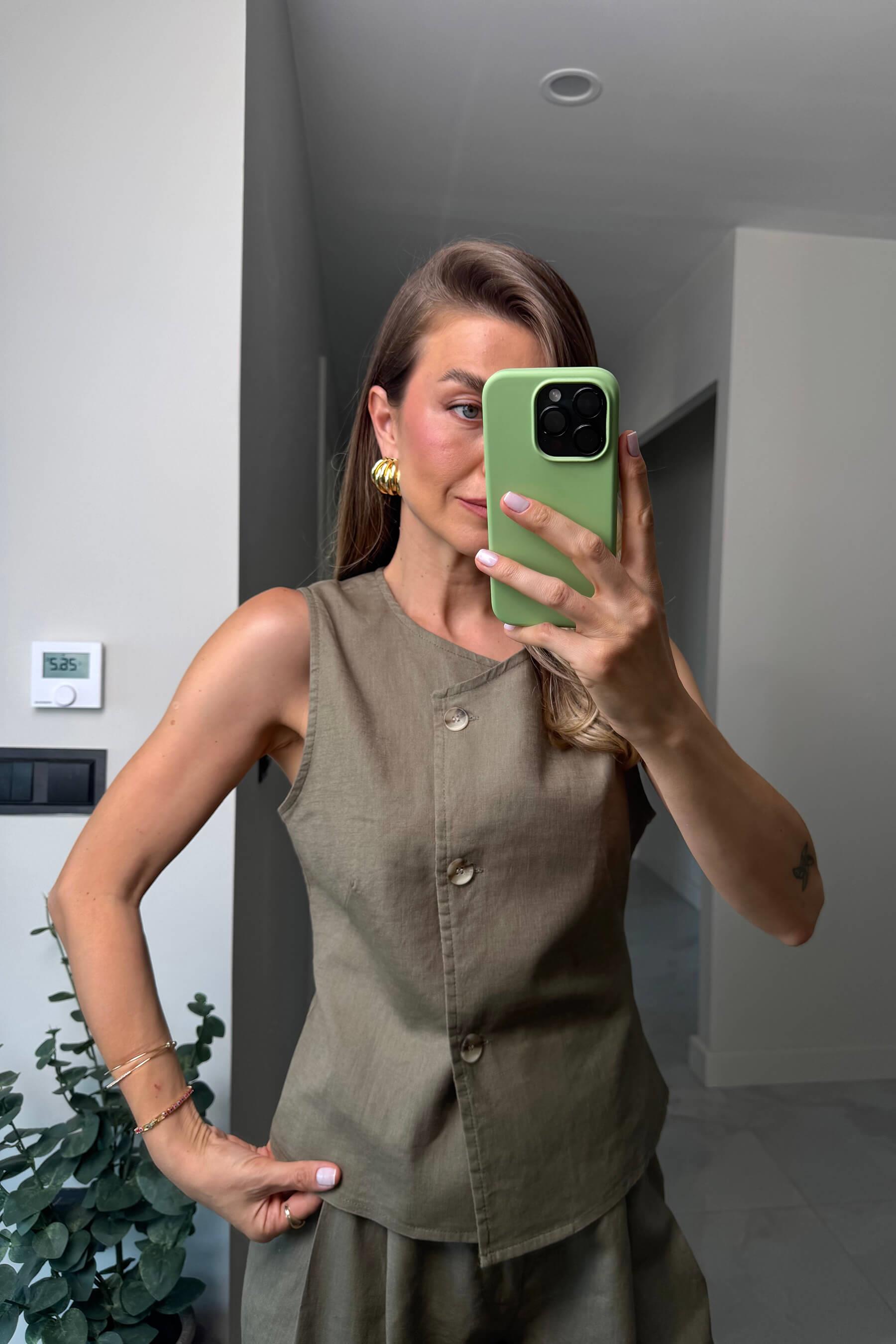 Haki Asimetrik Kesim Bol Paça Keten Pantolon Yelek Takım