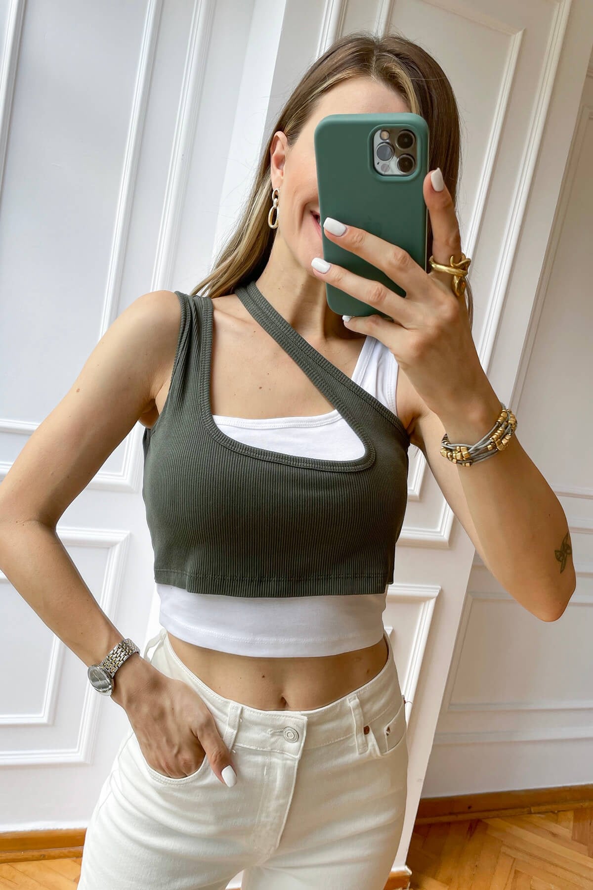 Haki Çift Kat Crop Top