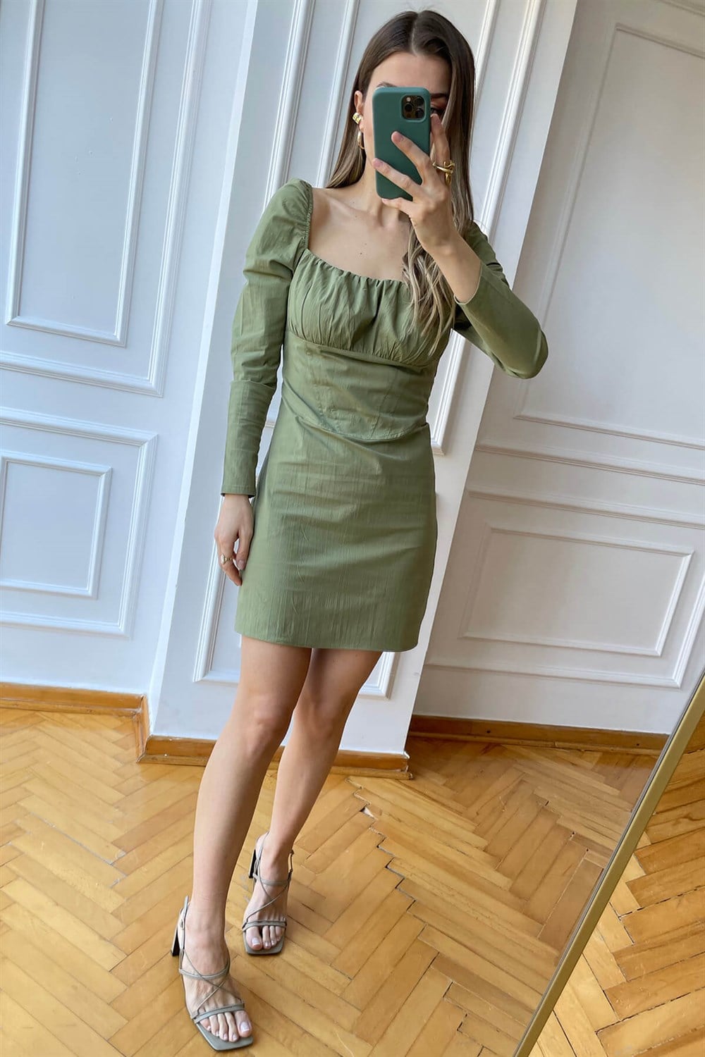 Haki Drapeli Uzunkollu Mini Elbise