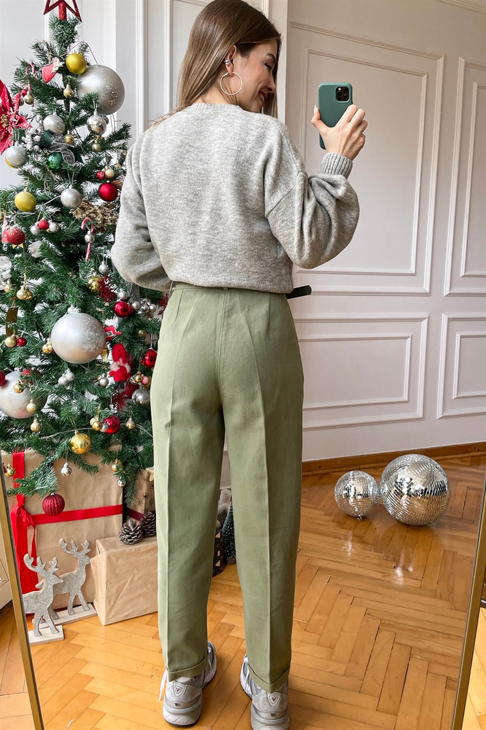 Haki Duble Paça Kemerli Gabardin Pantolon