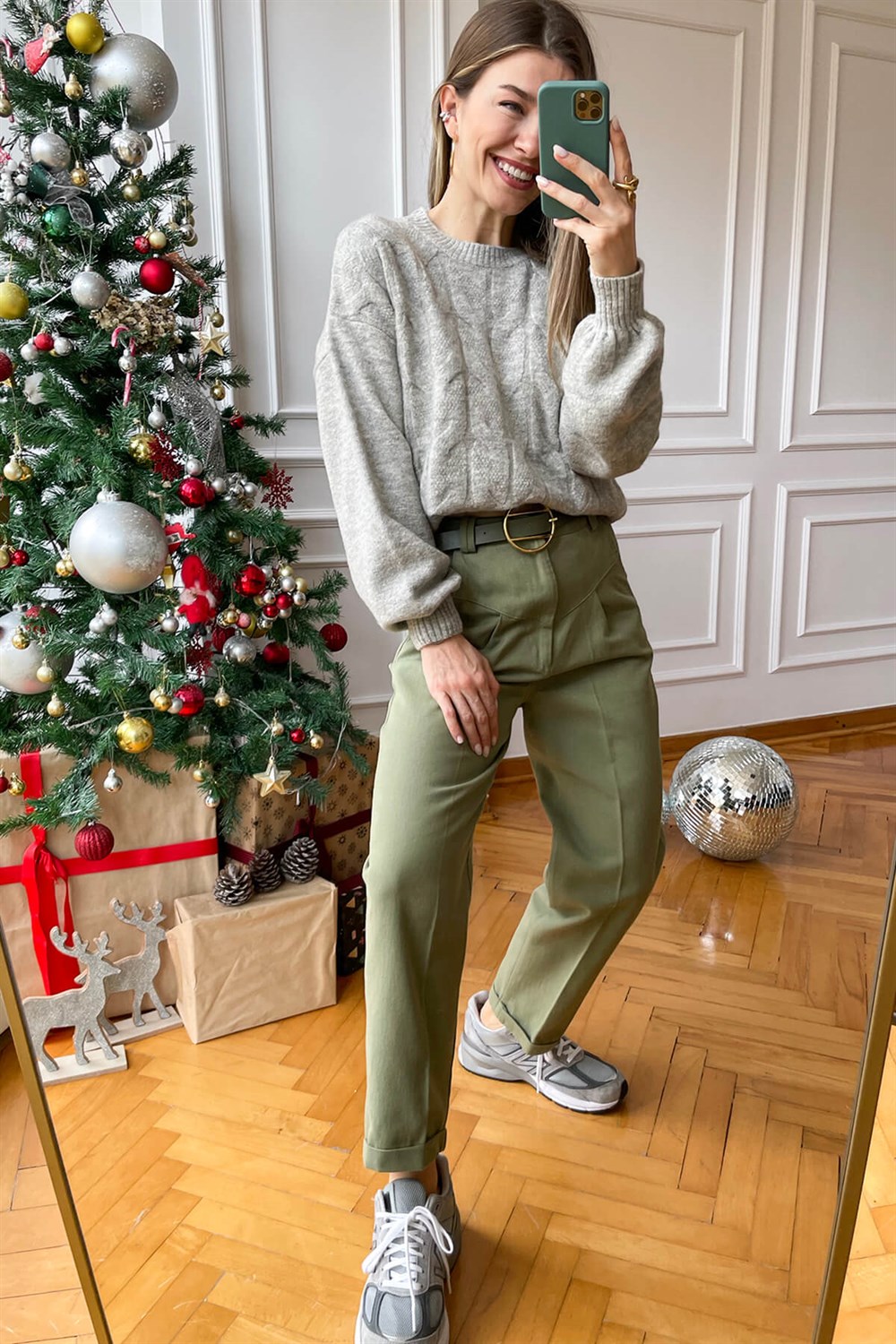 Haki Duble Paça Kemerli Gabardin Pantolon