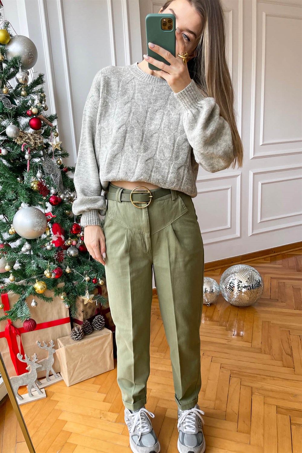 Haki Duble Paça Kemerli Gabardin Pantolon