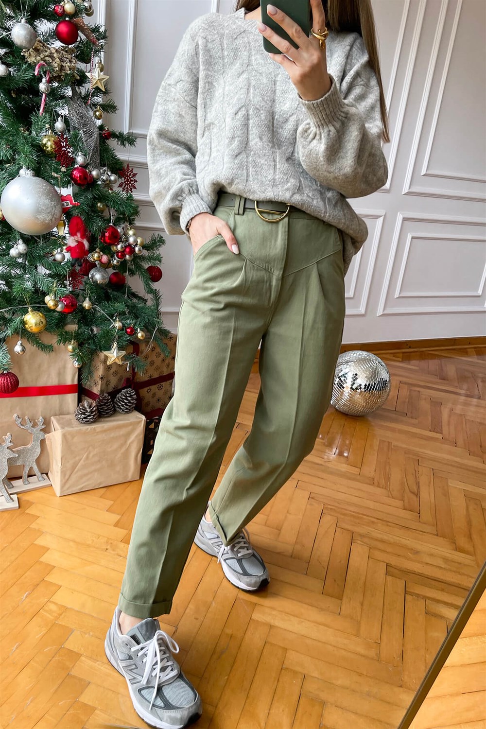Haki Duble Paça Kemerli Gabardin Pantolon