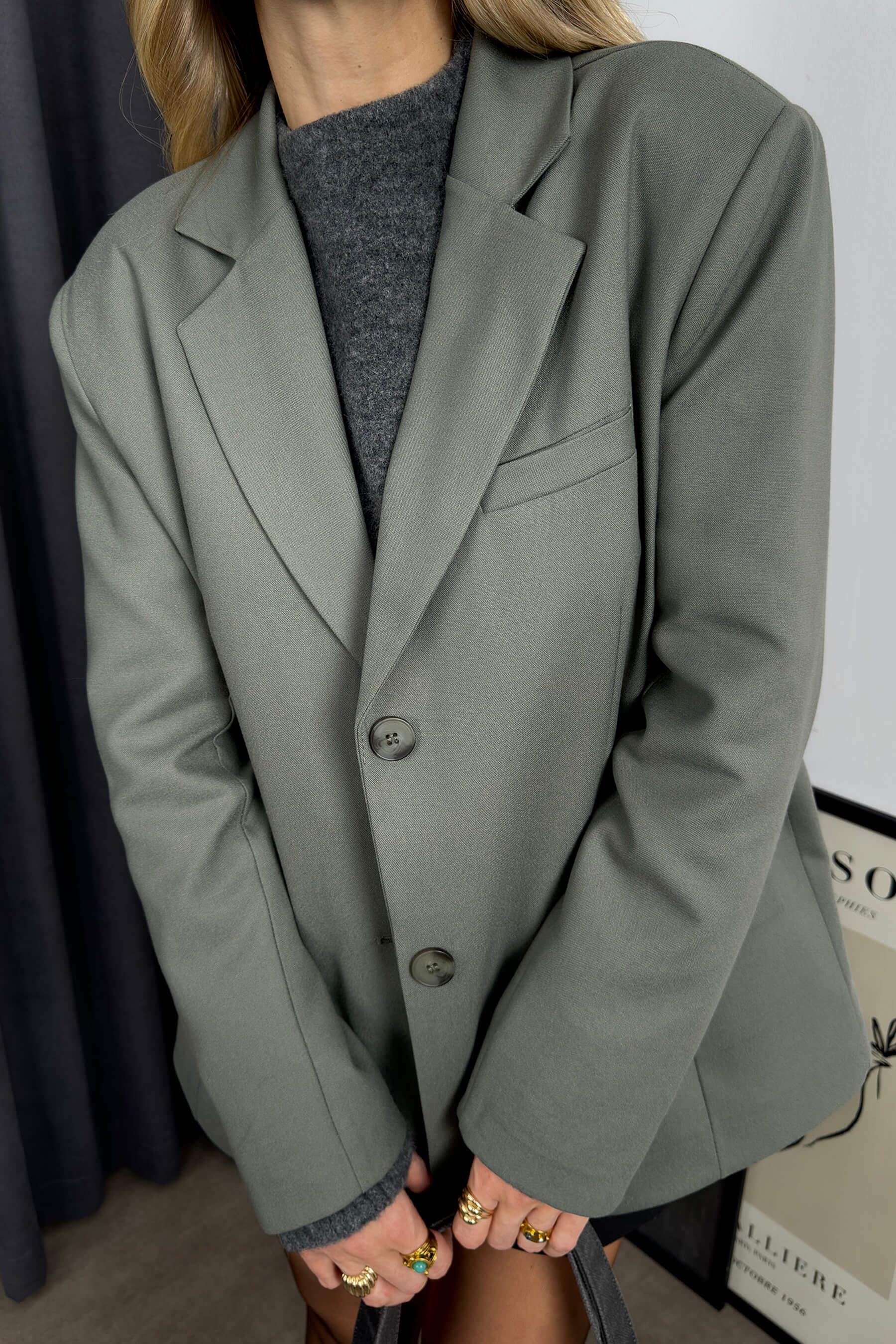 Haki Fileto Cepli Astarlı Oversize Blazer Ceket