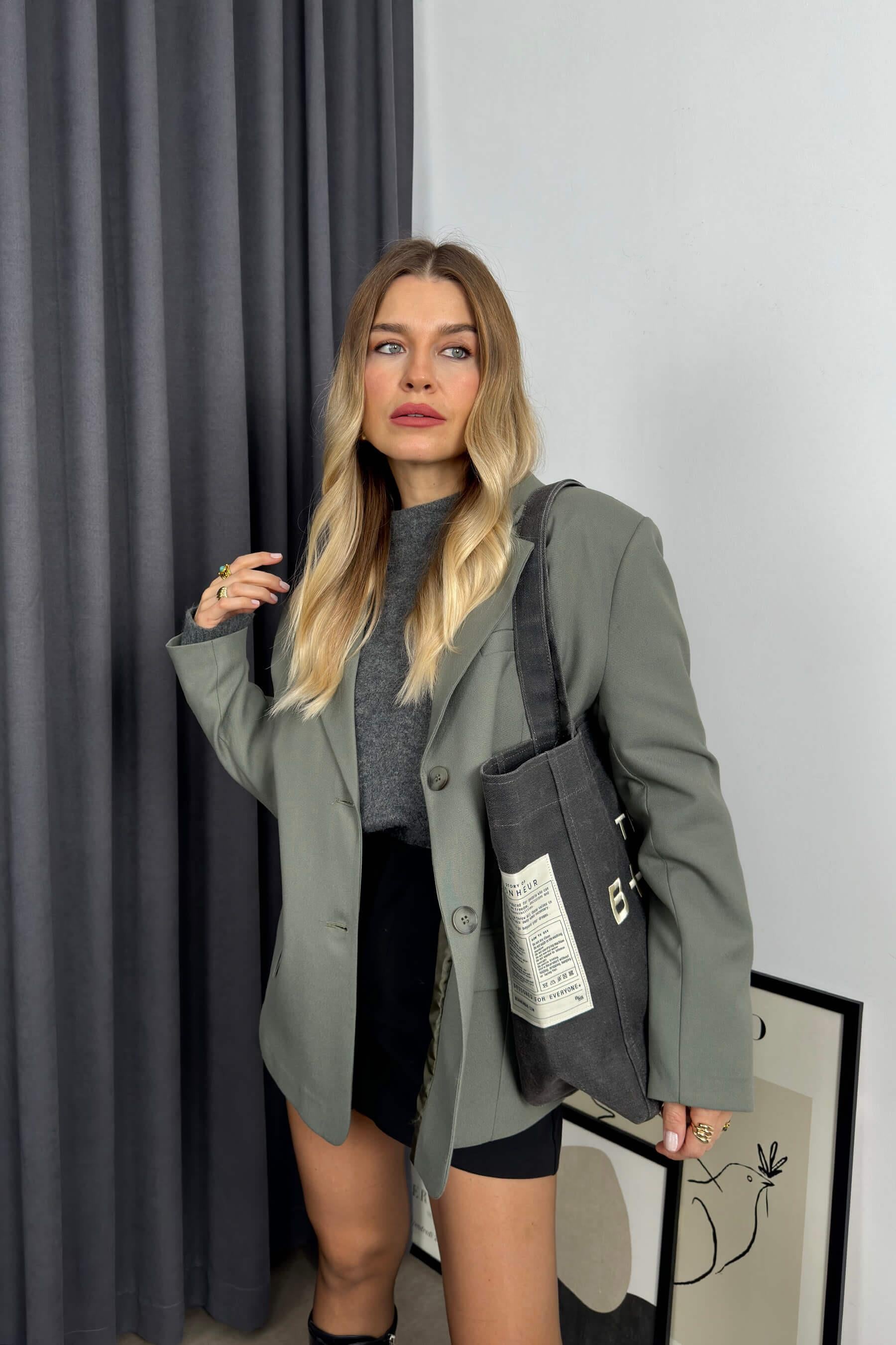 Haki Fileto Cepli Astarlı Oversize Blazer Ceket