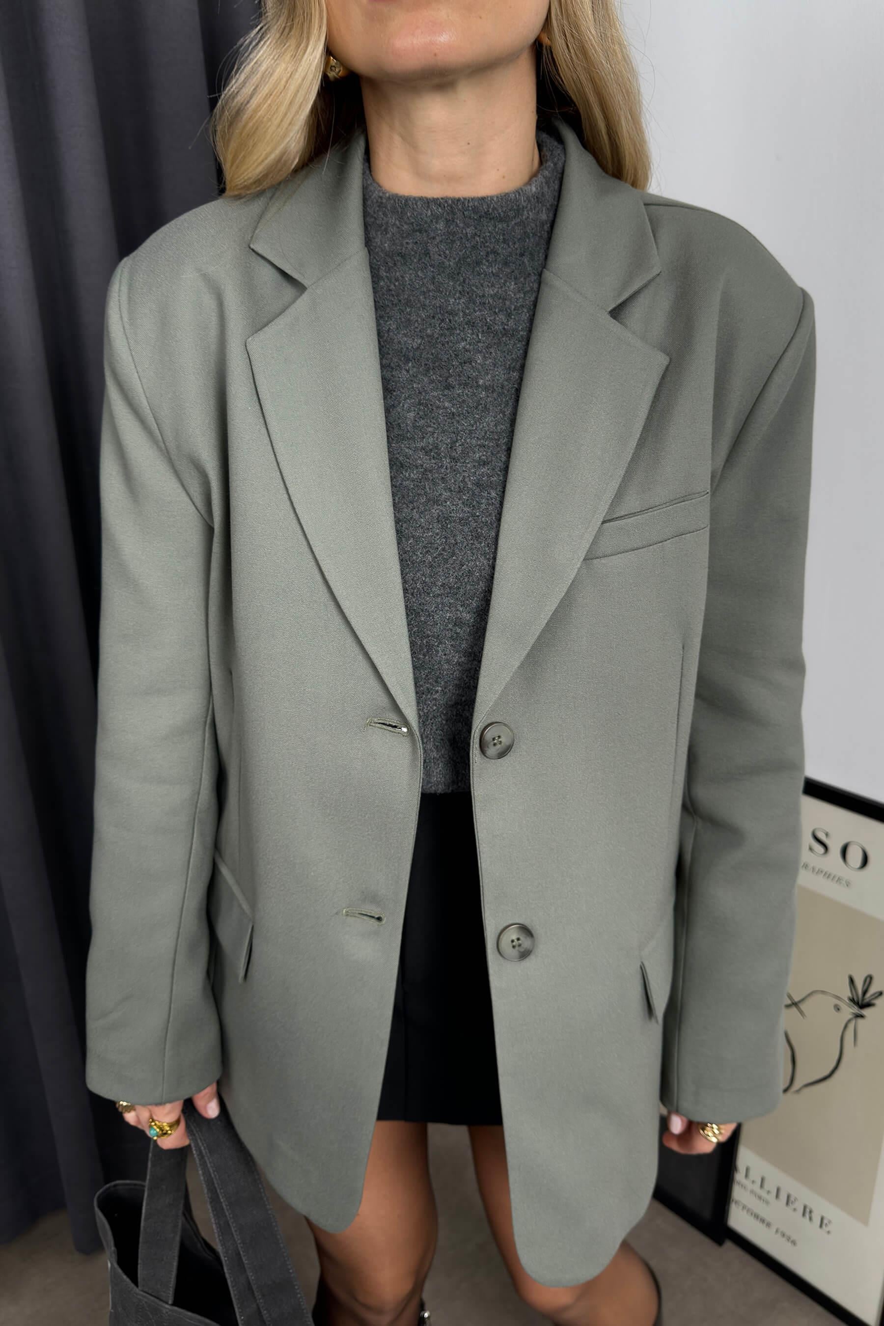 Haki Fileto Cepli Astarlı Oversize Blazer Ceket