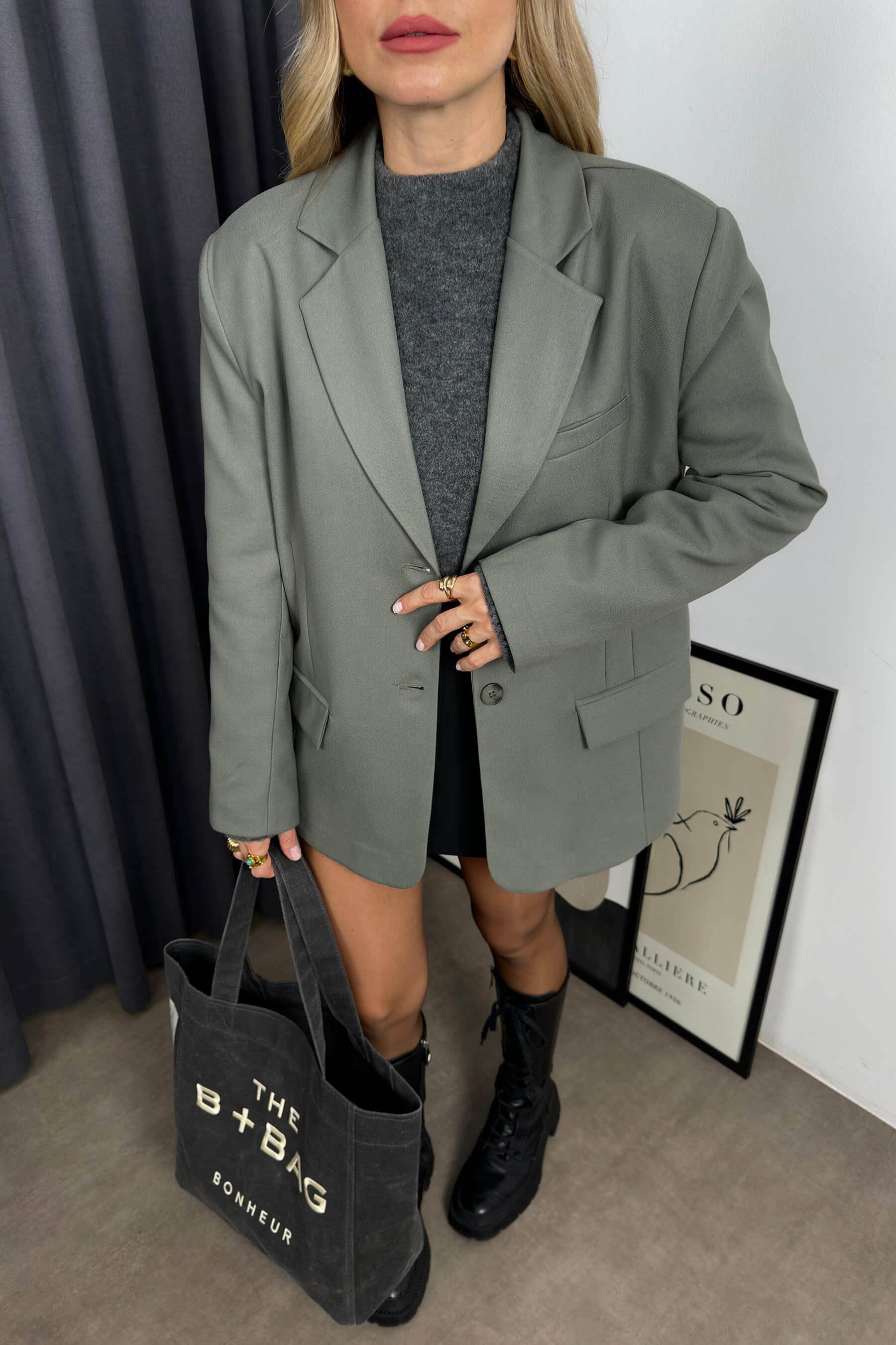 Haki Fileto Cepli Astarlı Oversize Blazer Ceket