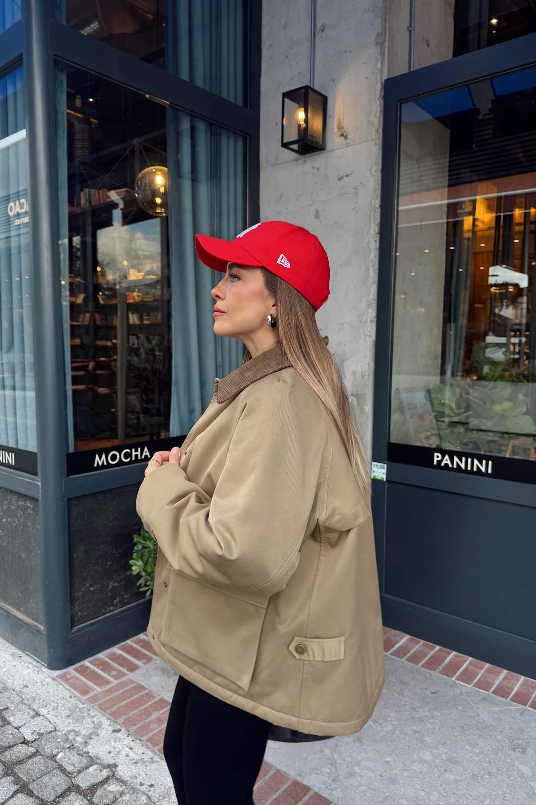 Haki Kadife Yakalı Fermuarlı Oversize Kapitone Gabardin Ceket