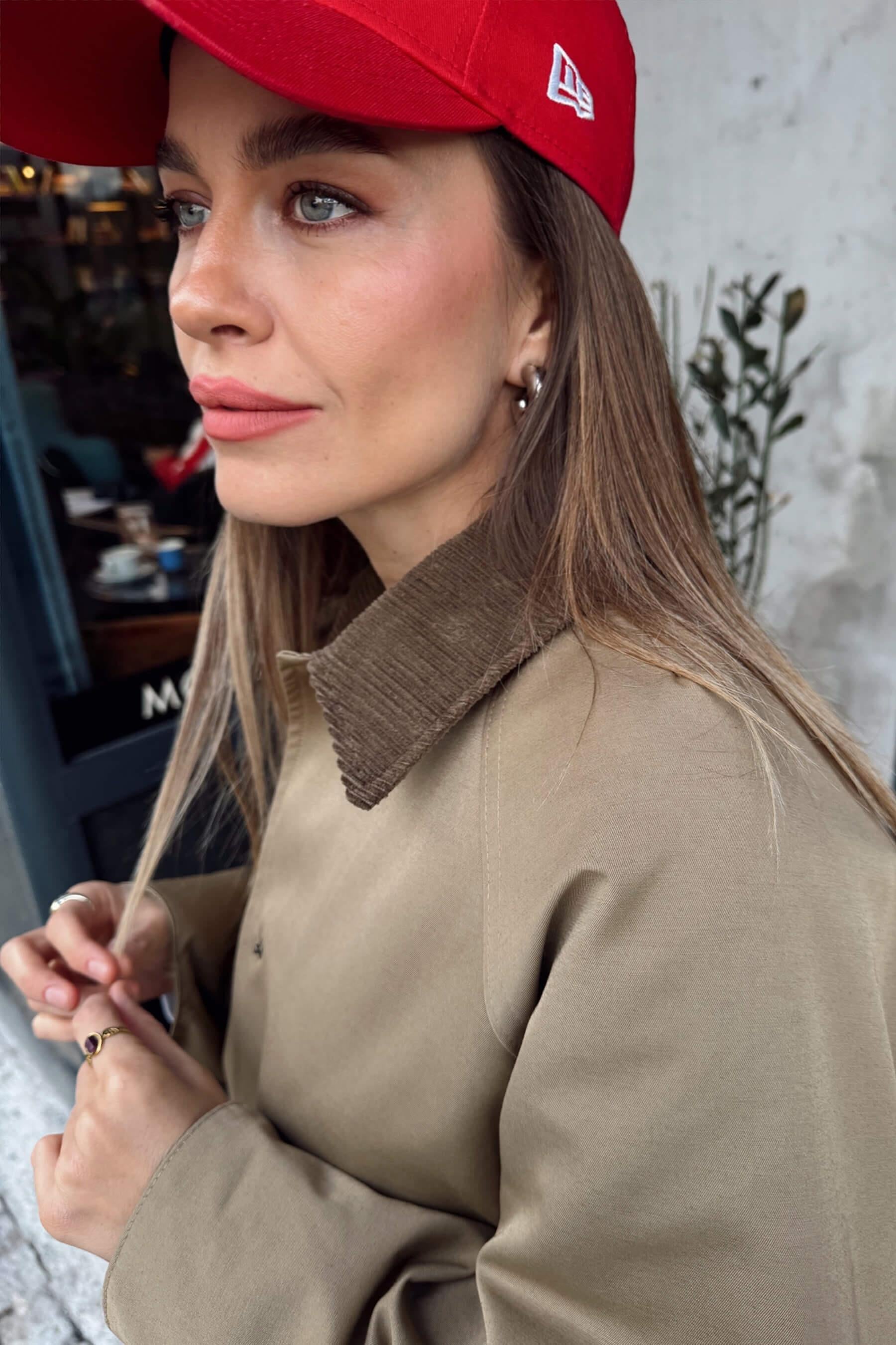 Haki Kadife Yakalı Fermuarlı Oversize Kapitone Gabardin Ceket