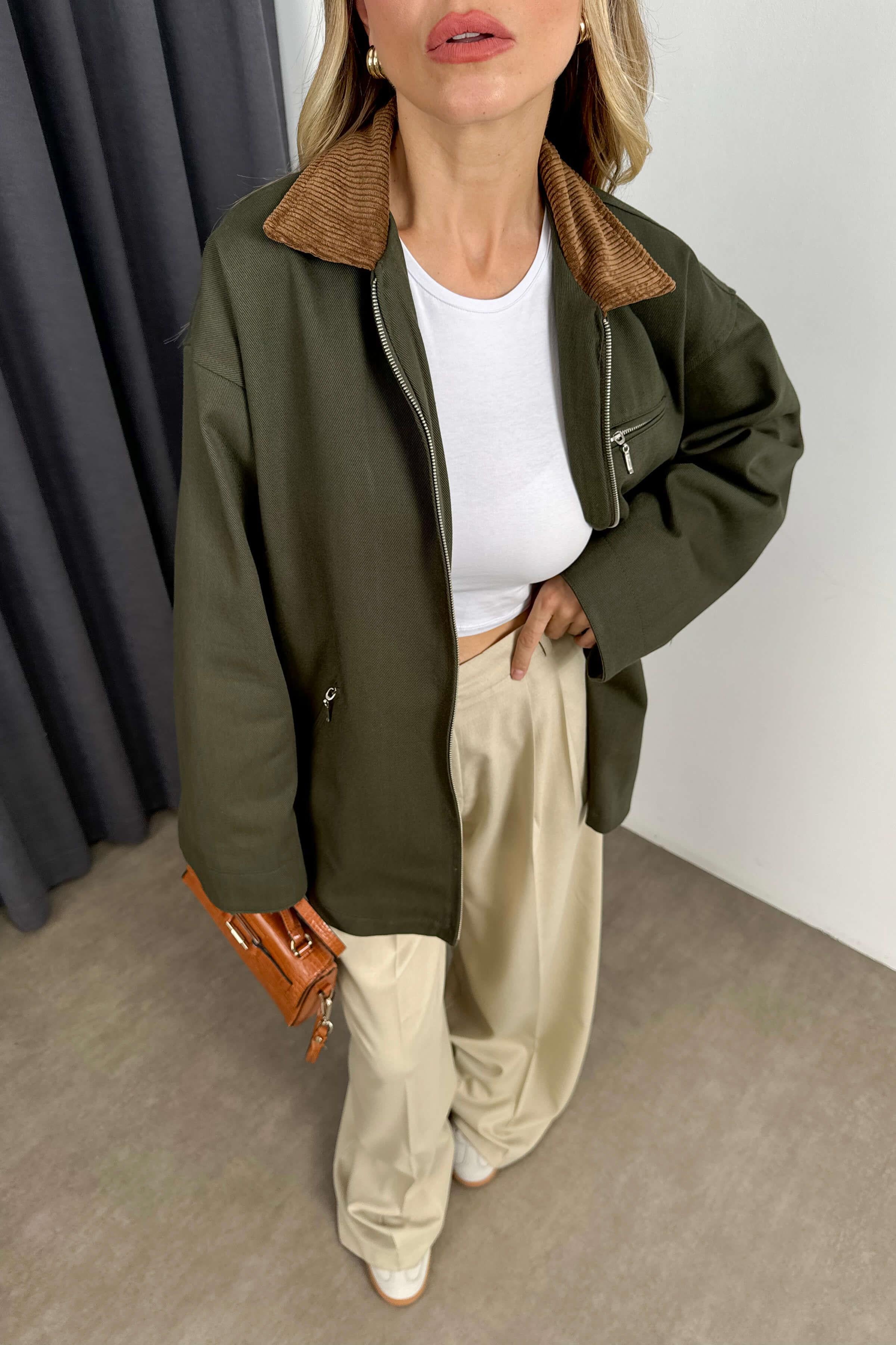 Haki Kadife Yakalı Oversize Gabardin Ceket