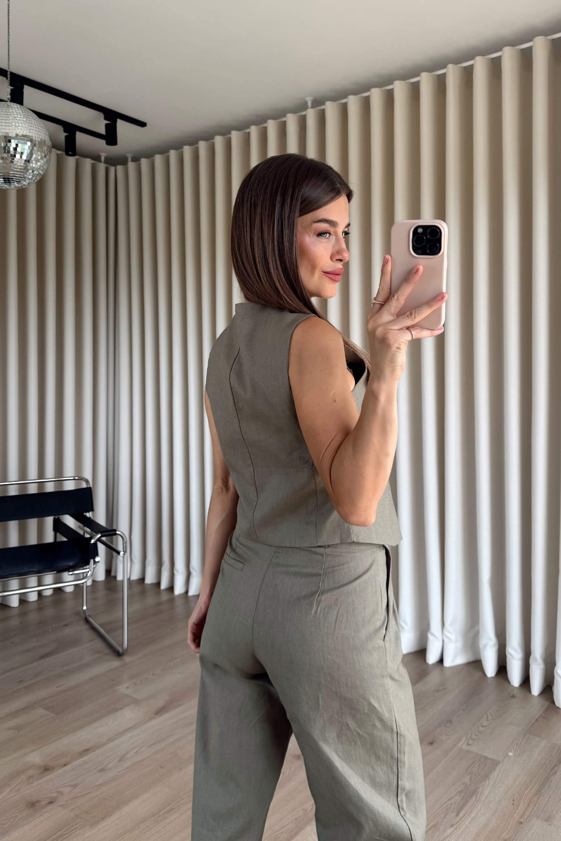 Haki Kahverengi Düğmeli Keten Yelek Pantolon Takım
