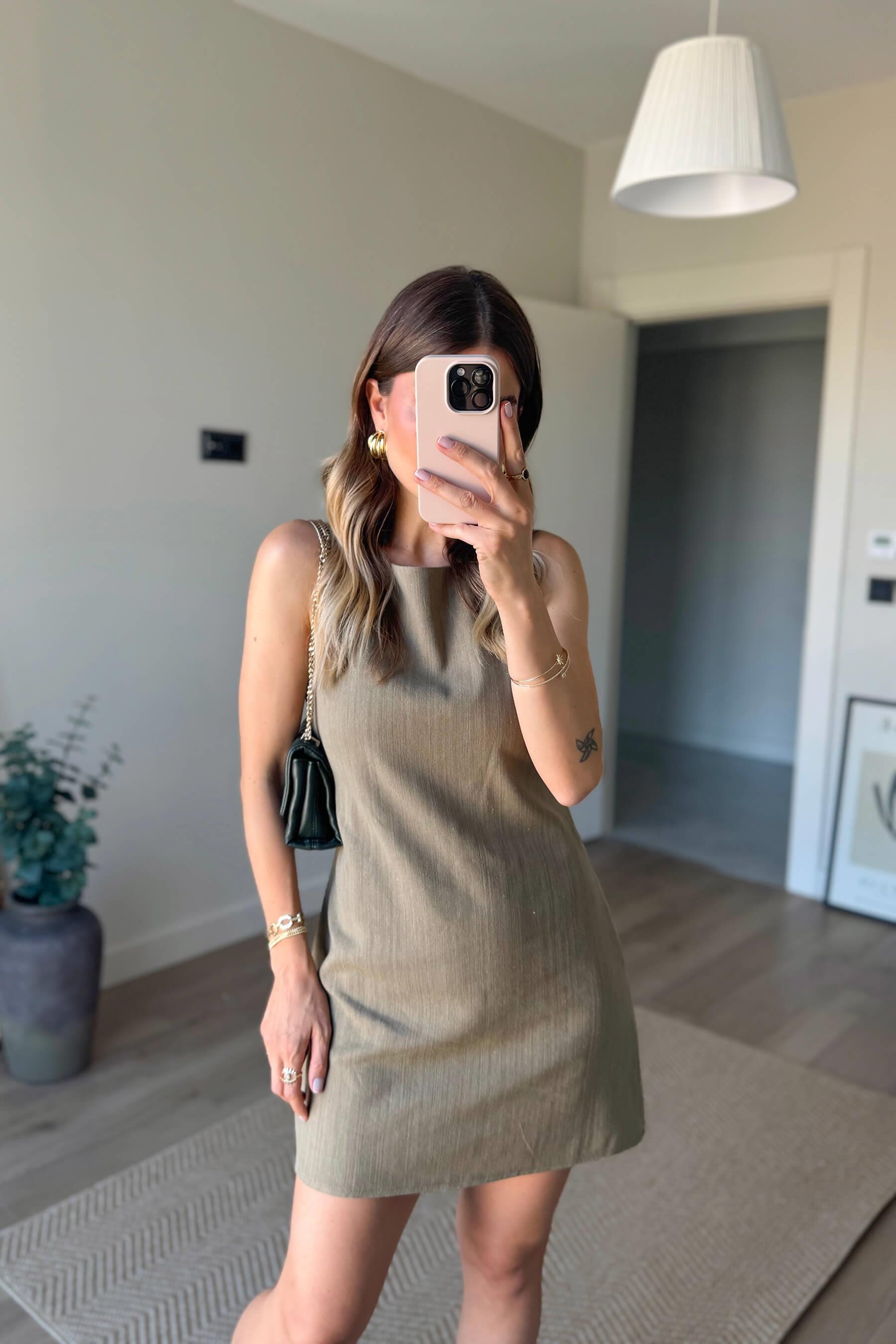 Haki Kare Yaka Askılı Astarlı Premium Keten Elbise