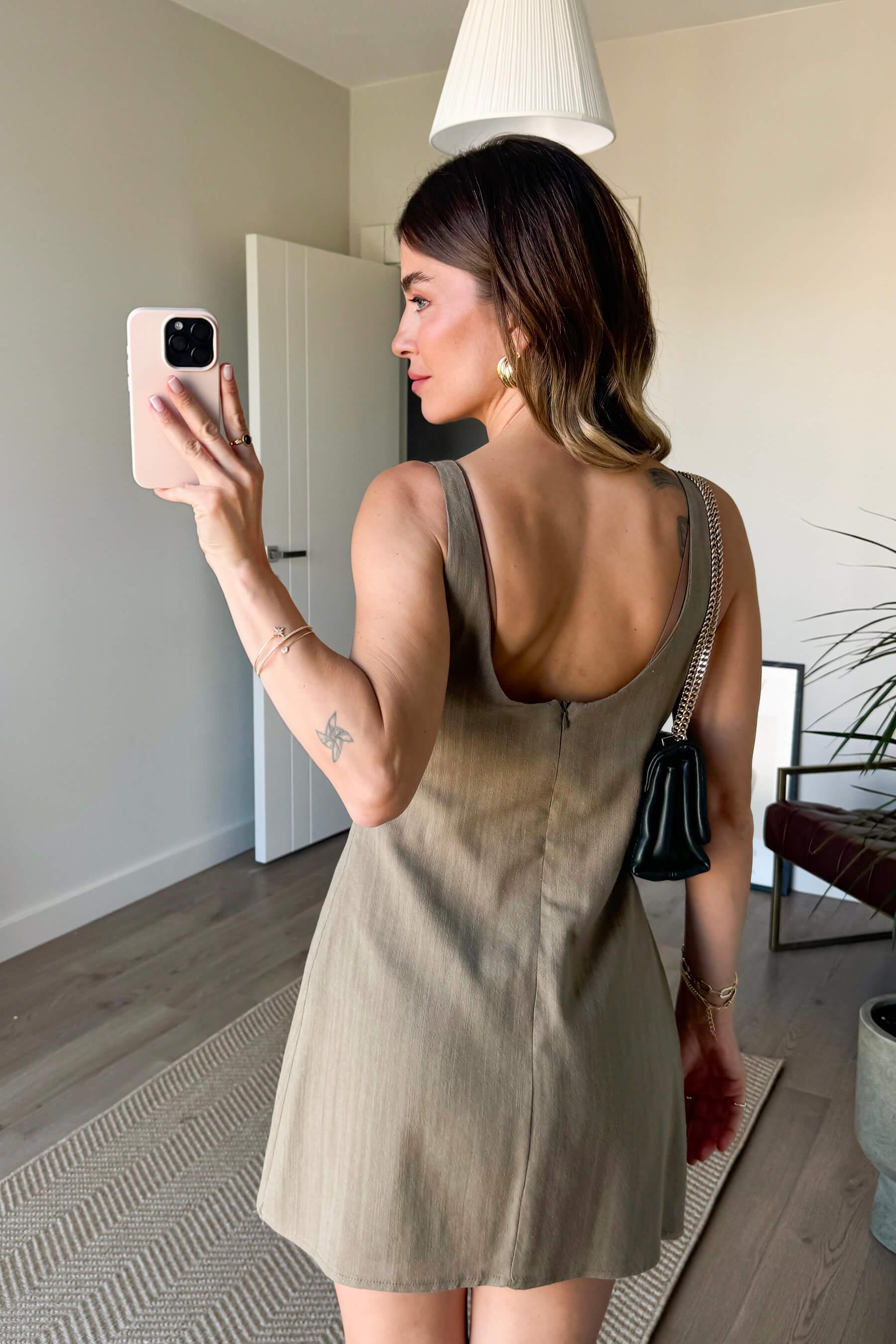 Haki Kare Yaka Askılı Astarlı Premium Keten Elbise