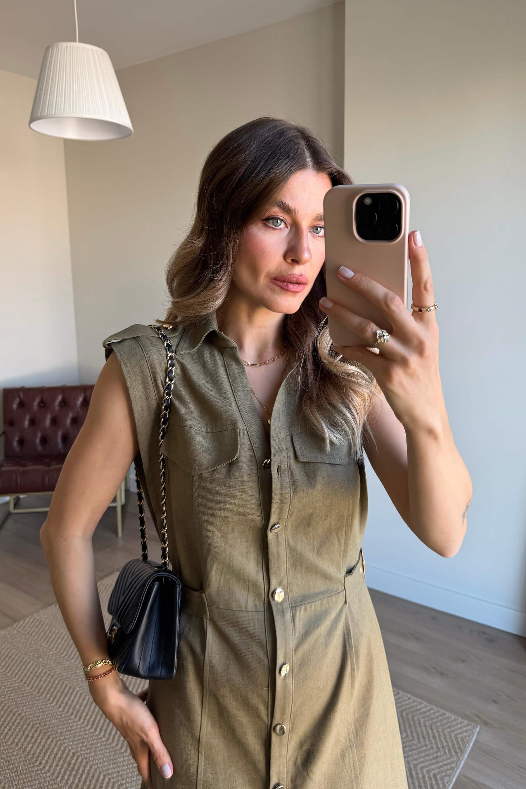 Haki Kemer Detaylı Keten Gömlek Elbise