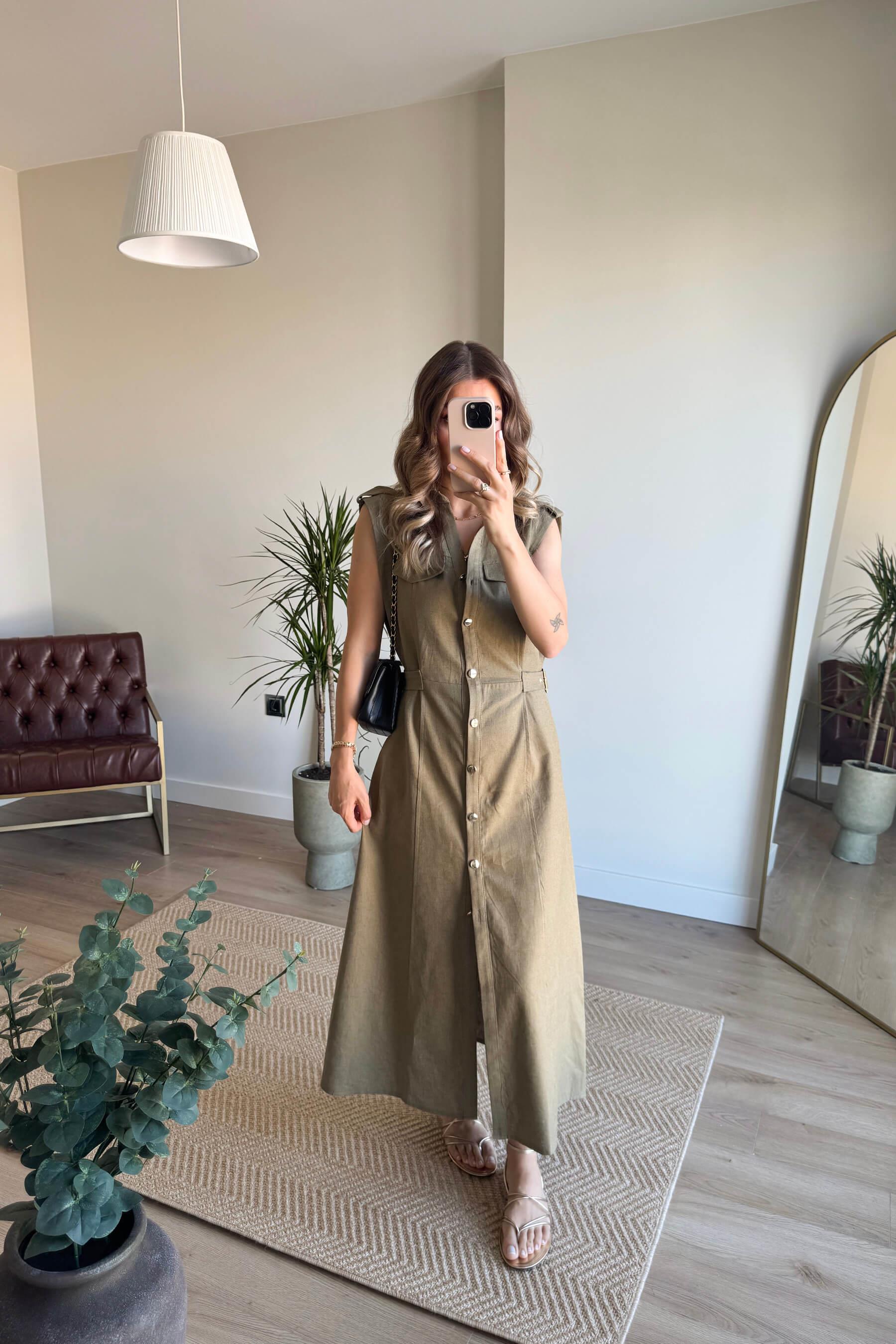 Haki Kemer Detaylı Keten Gömlek Elbise